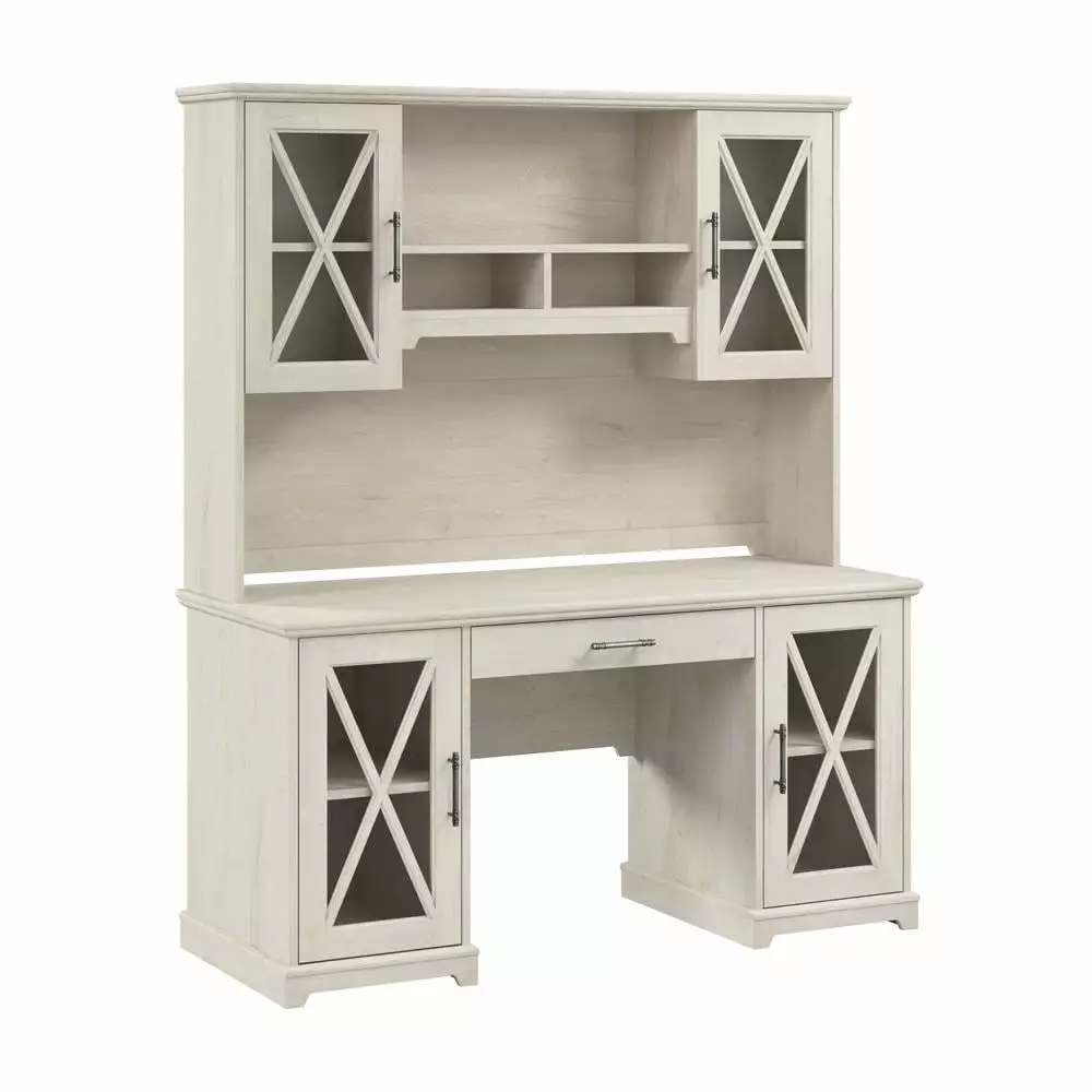 Lennox Desk Hutch and Keyboard Tray Linen White Oak - Engineered Wood Office Desk Bush Furniture