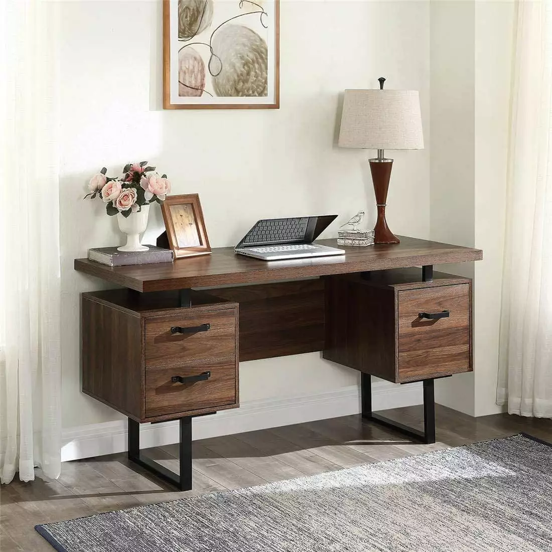 59 Inch Home Office Computer Desk Drawers and Hanging File Storage Walnut Churanty