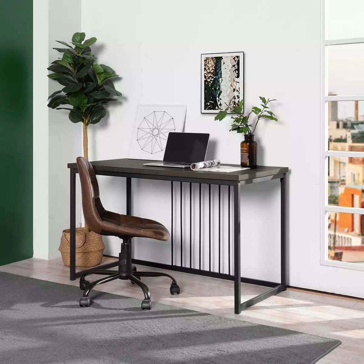 CJC 47.2 L Square Computer Desk Large Study Writing Desk Industrial Modern Laptop Table Walnut Black