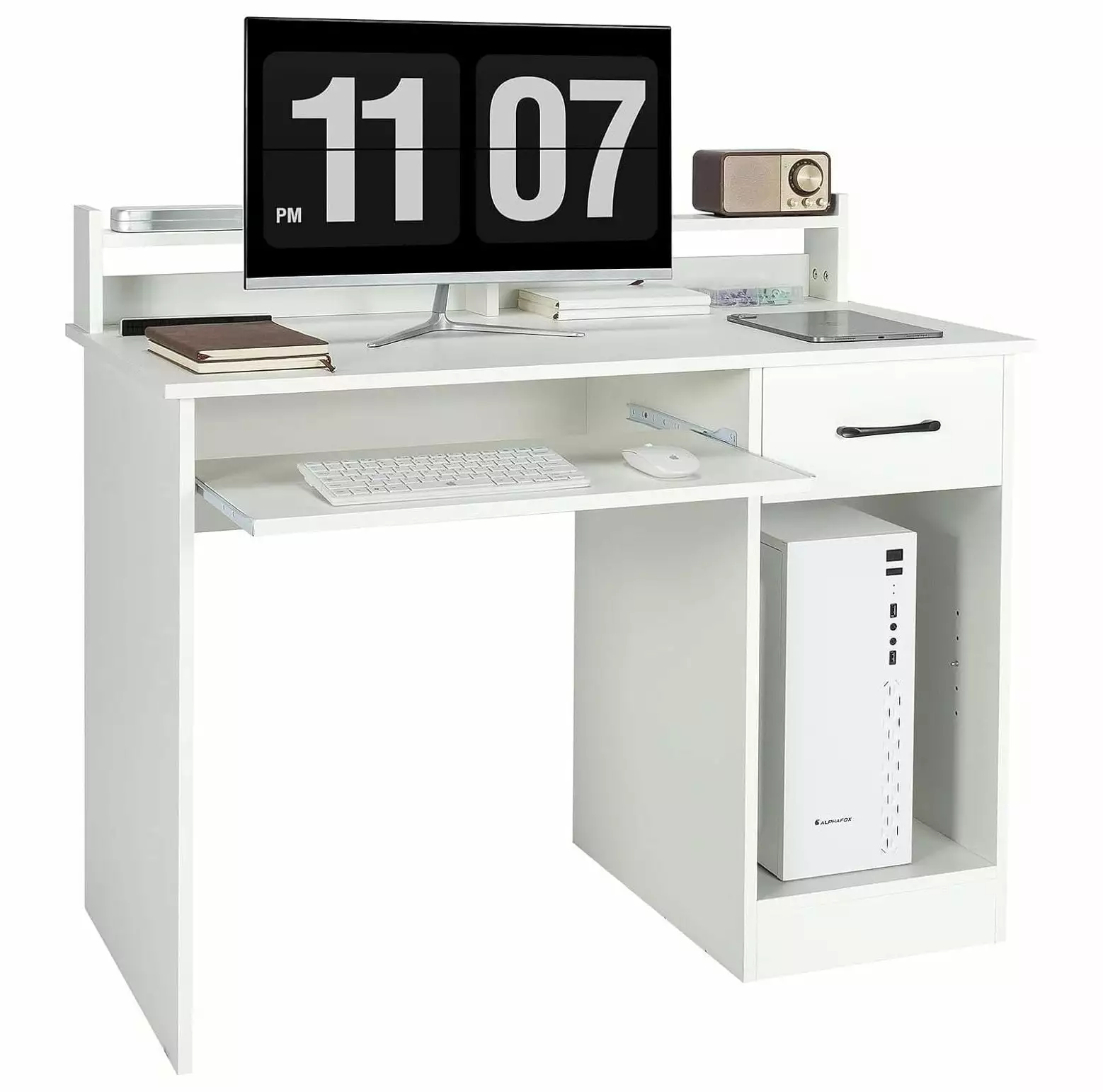 CodYinFI Computer Desk Hutch Home Office Desk Drawer Adjustable Shelf Keyboard Tray White