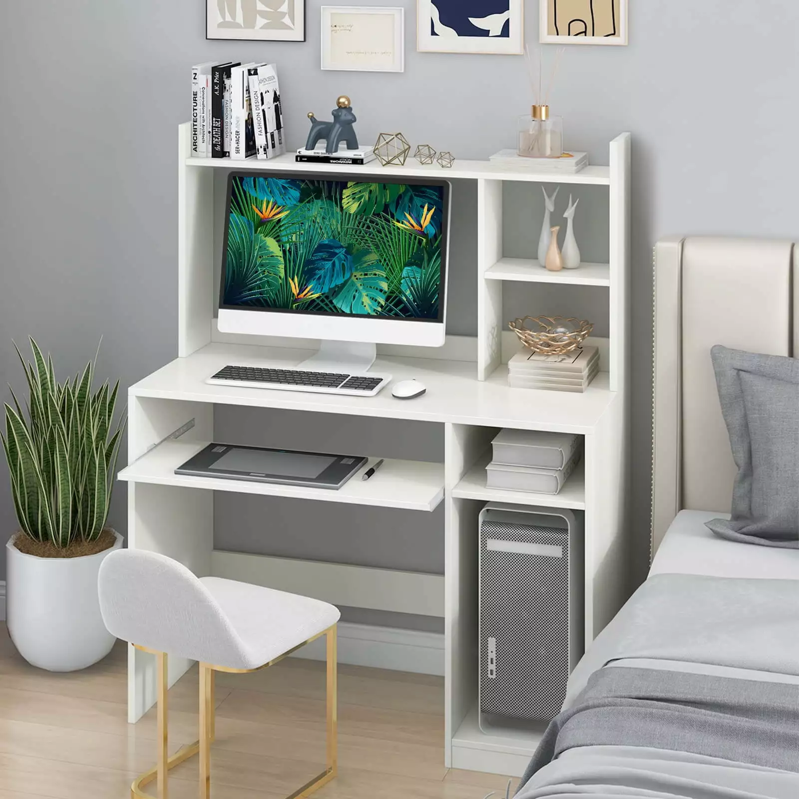Coelon Computer Desk Hutch Home Office Desk Keyboard Tray CPU Stand White