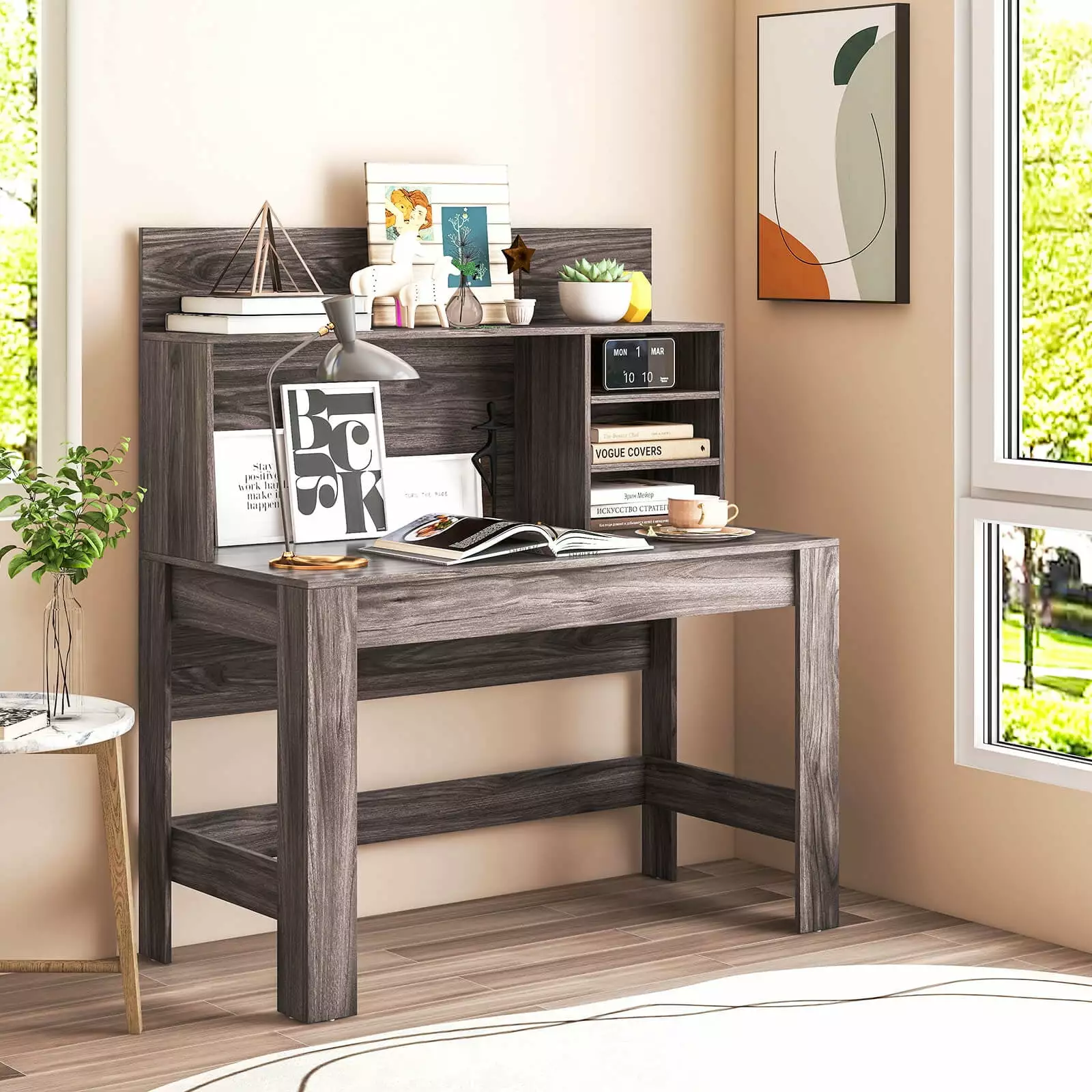 Coelon Computer Desk Hutch Rustic Oak Wooden Writing Desk Anti-Toppling Device