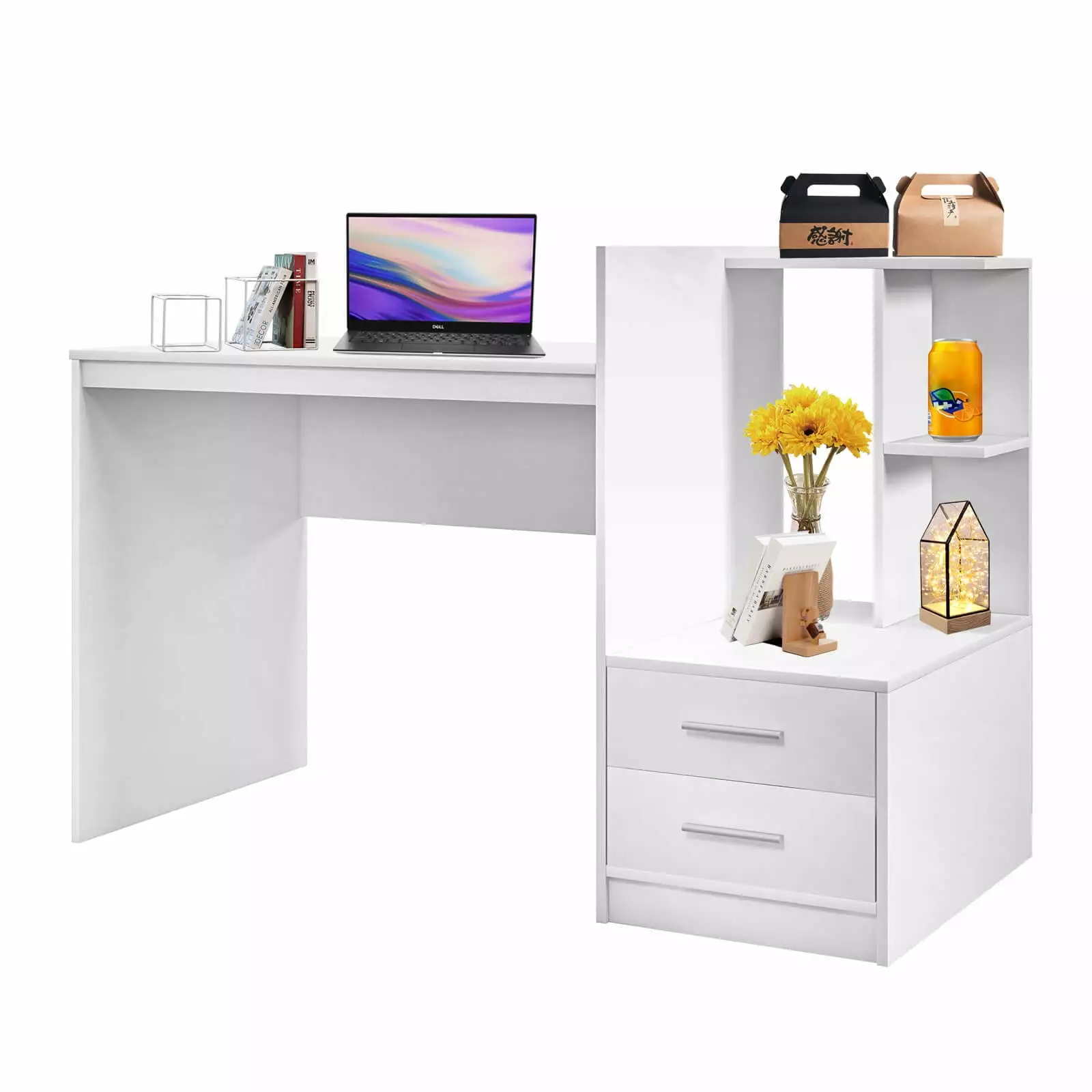 Coelon White Computer Desk 2 Drawers and Corner Bookshelf