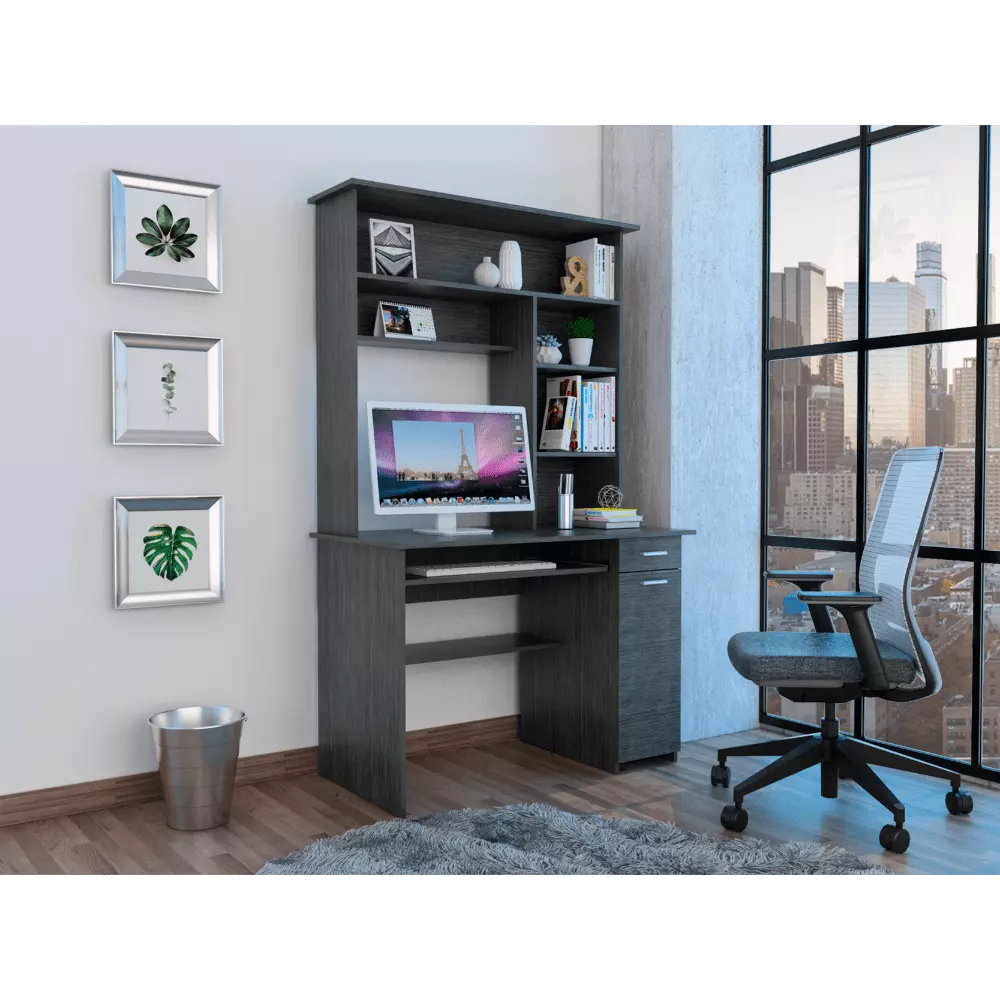 CoSoTower 180 Hutch Desk Multiple Shelves Retractable Keyboard Tray CPU Door Panel One Drawer Grey Oak Smokey Oak