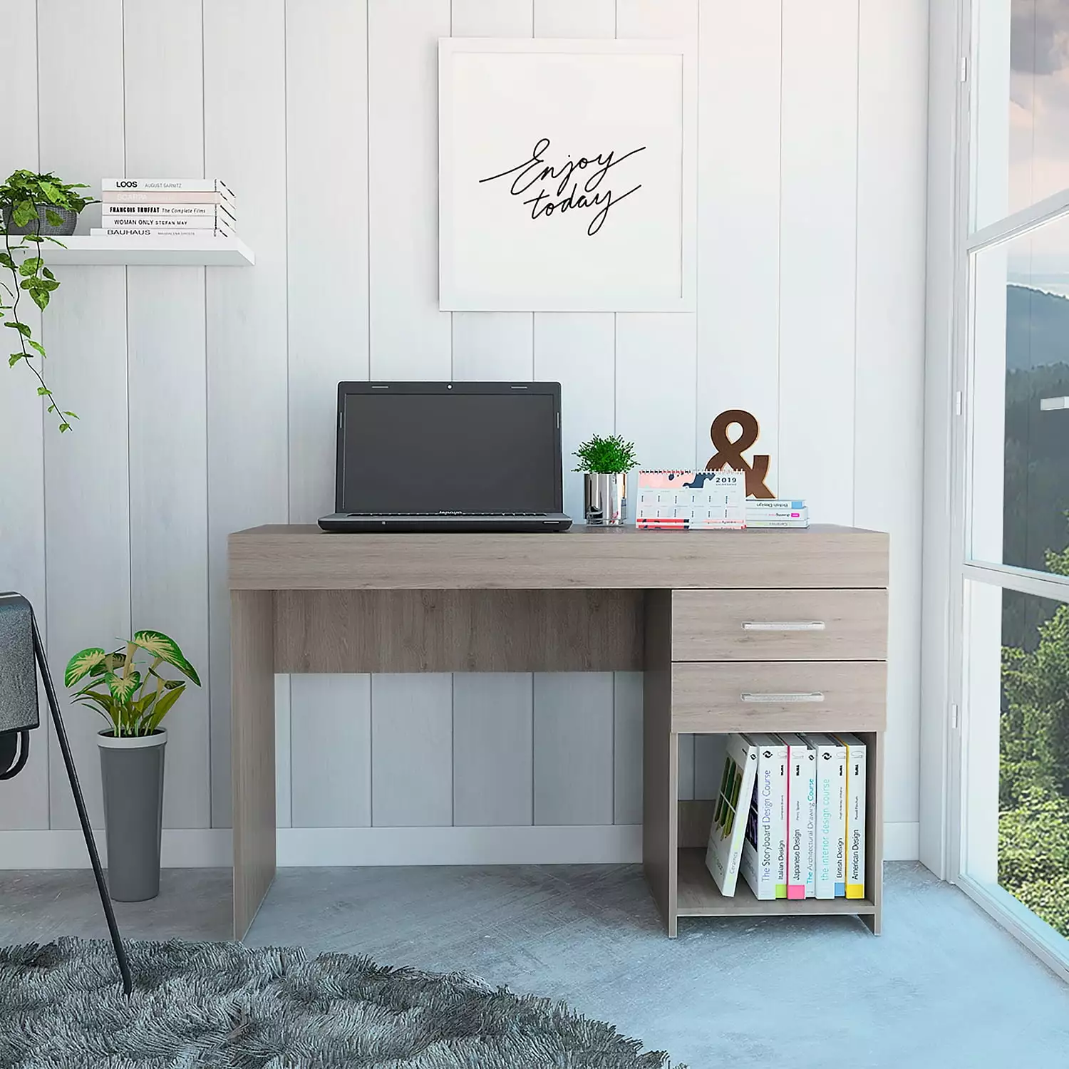 CoSoTower 1-Shelf 2-Drawer Computer Desk Light Grey - Modern Home Office Desk