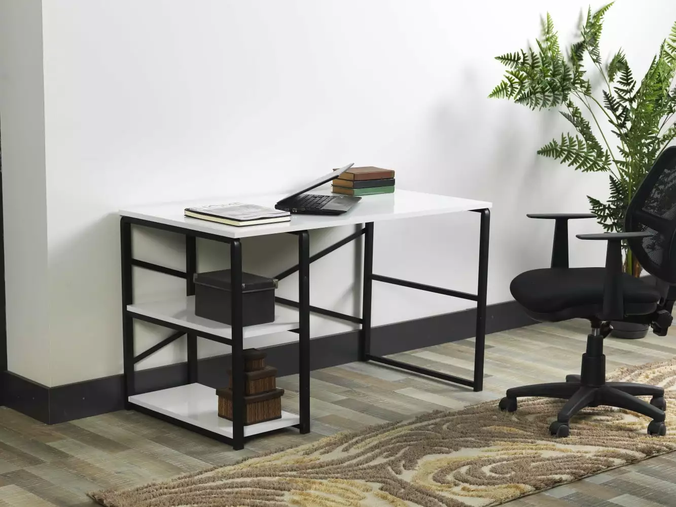 CoSoTower Black Metal Frame 47 Wooden Top 2 Shelves Writing and Computer Desk Home Office White