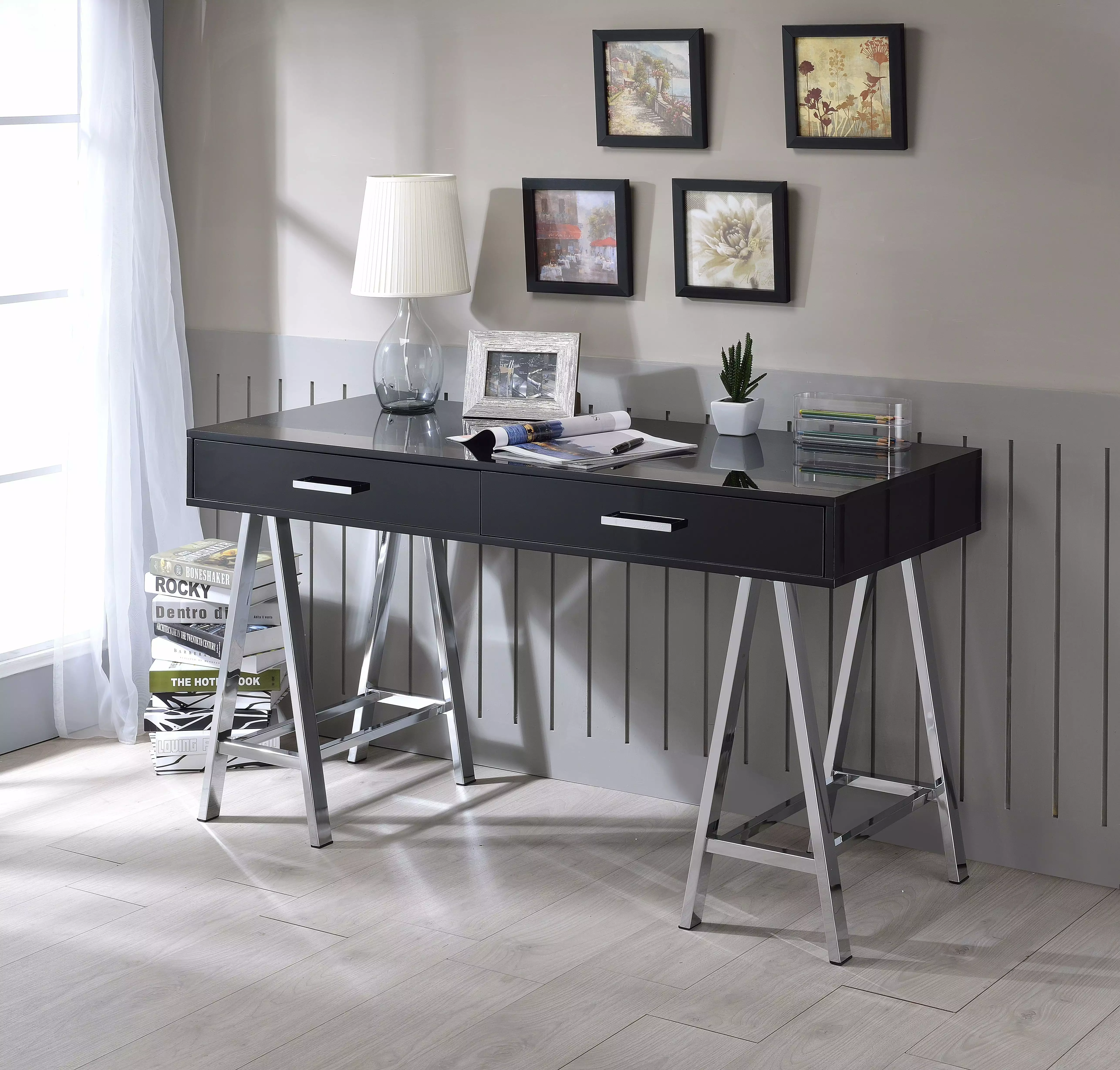 CoSoTower Desk Black High Gloss Chrome Contemporary Office Desk