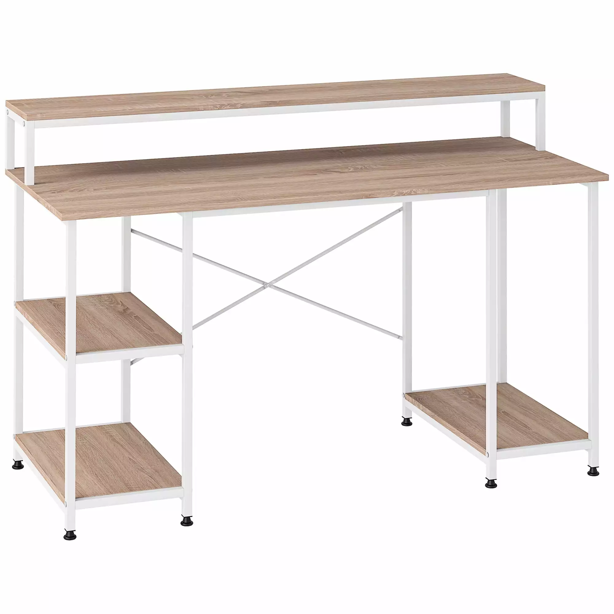 CoSoTower 55 Inch Home Office Computer Desk Storage Shelves and Elevated Monitor Shelf Oak Wood Grain