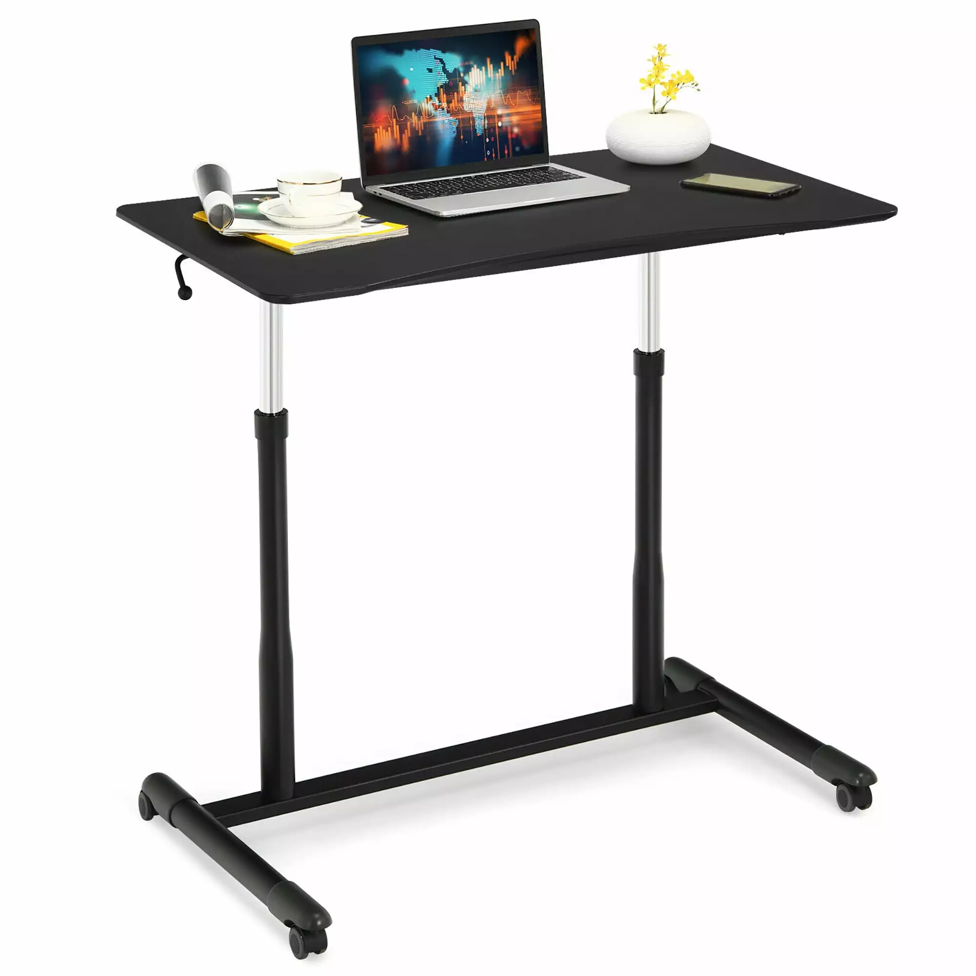 Costway Contemporary Wood Adjustable Height Rolling Computer Desk Black