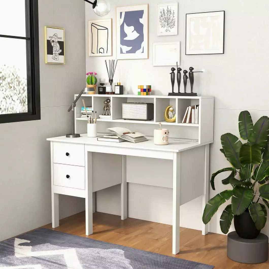 48 Inch Computer Desk Drawers Power Outlets and 5 Cubby Hutch CostwayINC