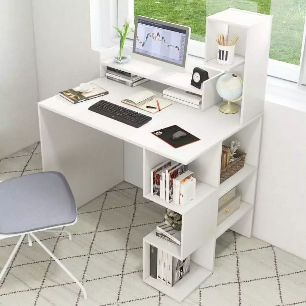 Modern White Computer Desk Storage Bookshelf and Hutch CostwayINC