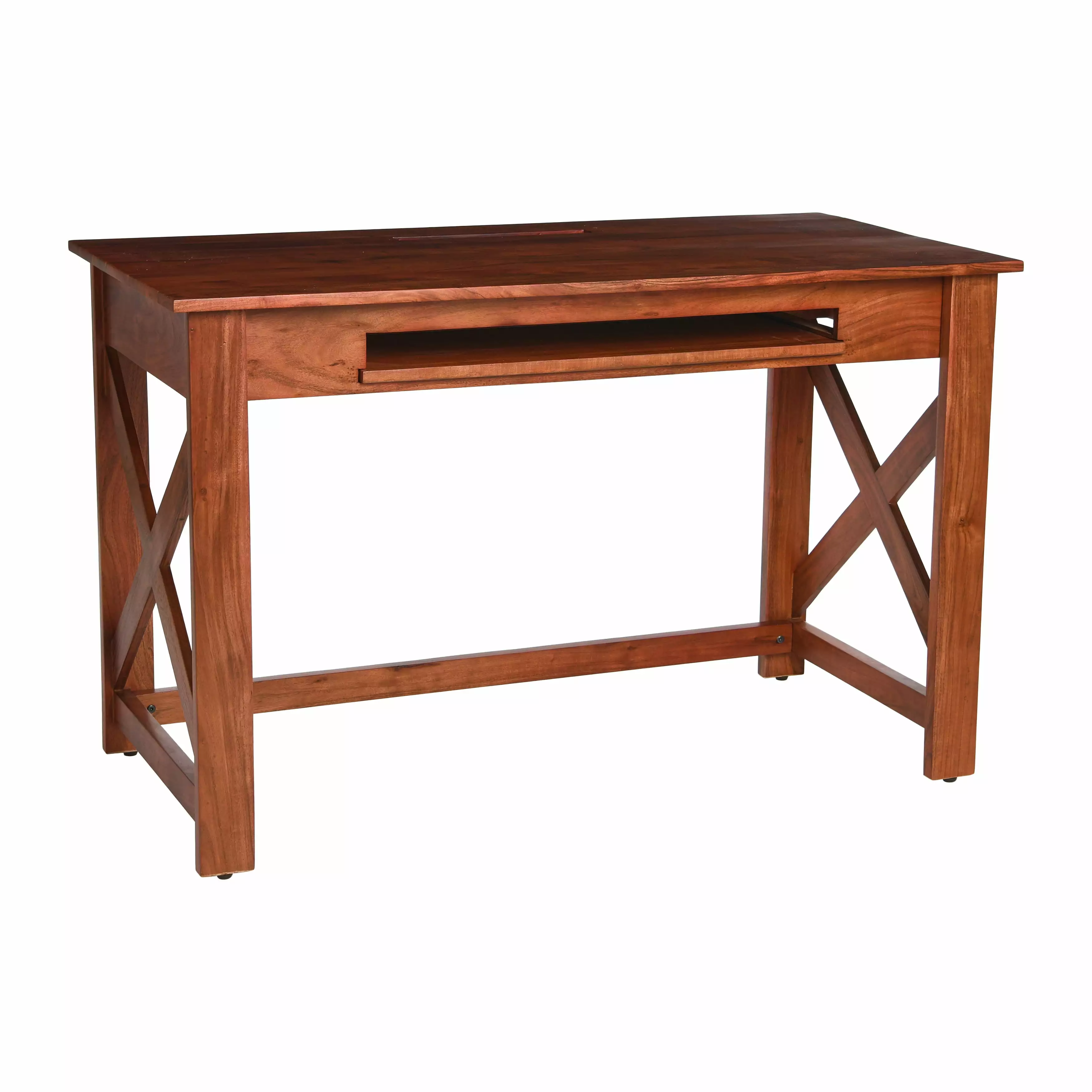 Creative Co-Op Rustic Mango Wood Desk Keyboard Shelf and X-Frame Side Detail