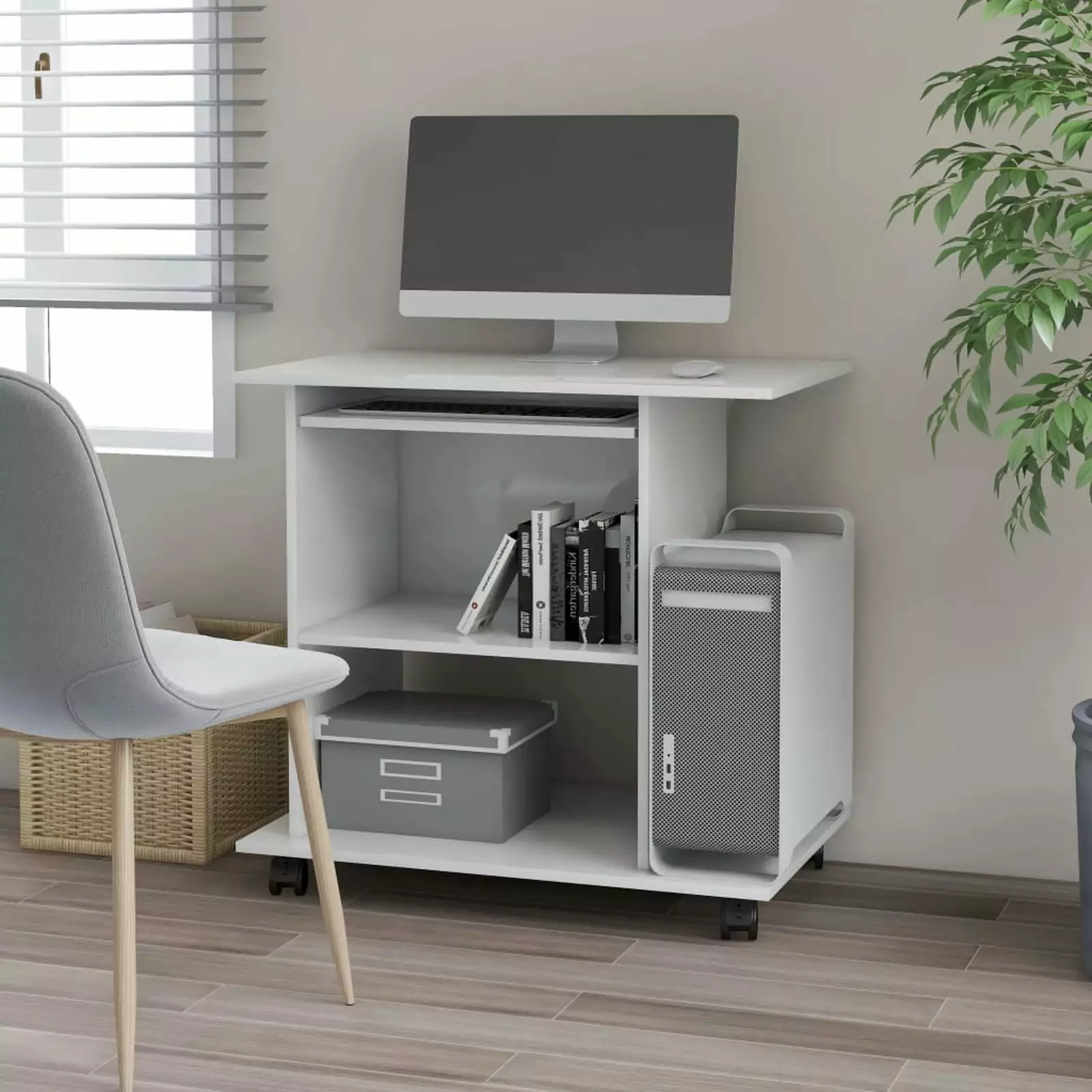 Dcenta Computer Desk Keyboard Tray CPU Tower Writing Table High Gloss White