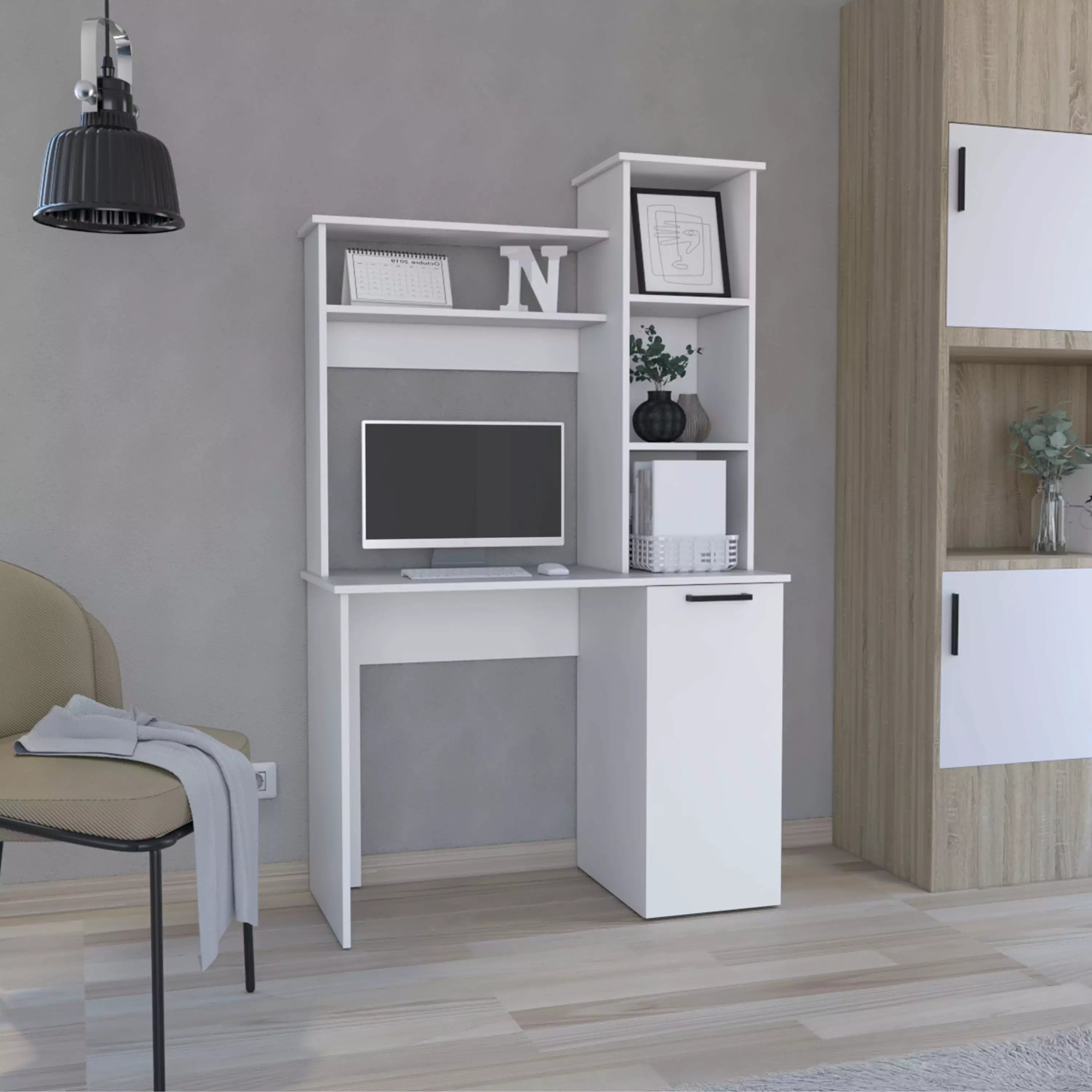 DeeHome Carson Computer Desk Hutch Single Door Cabinet and 3-Tier Storage Shelves