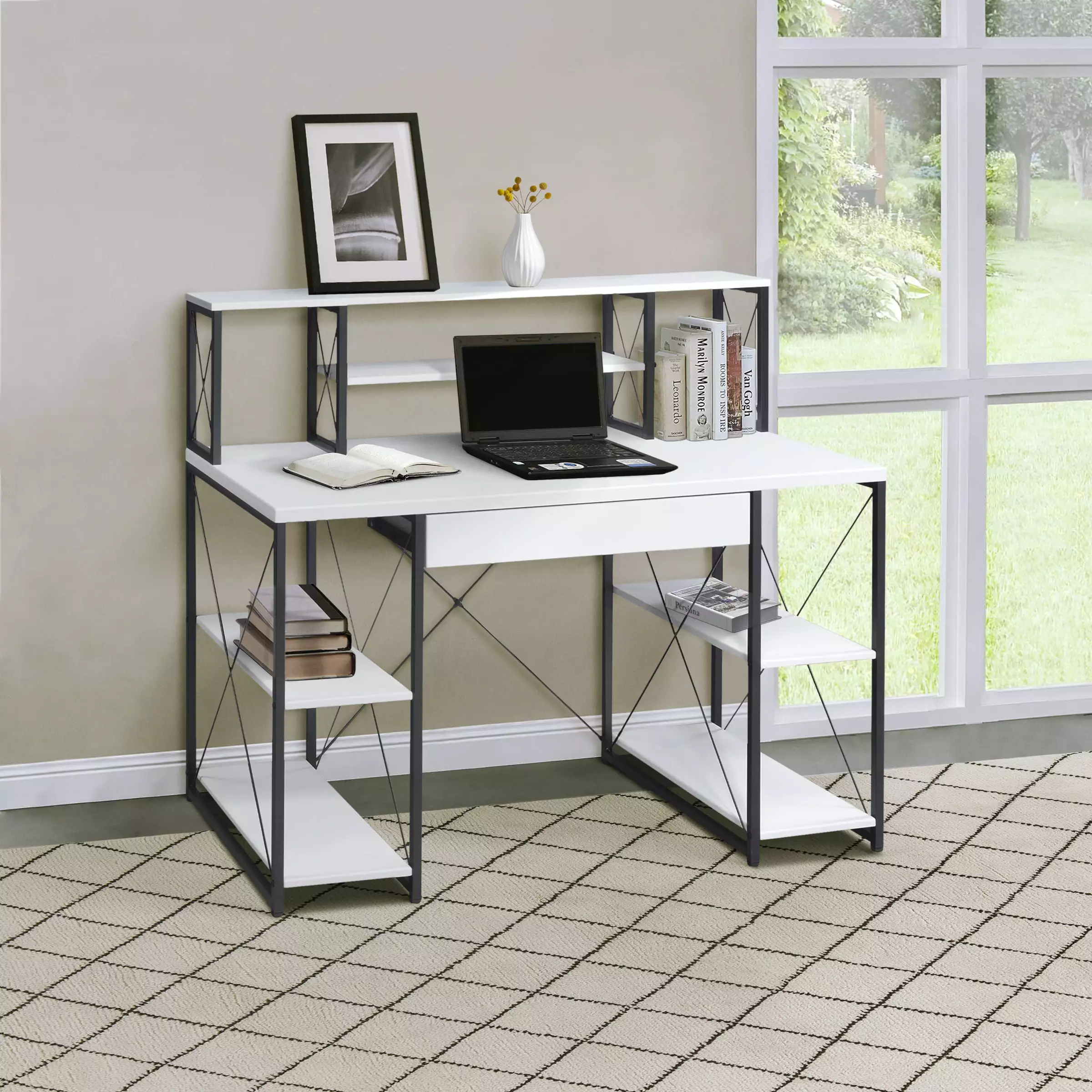 DeeHome White and Black Office Desk Open Shelves and Hutch
