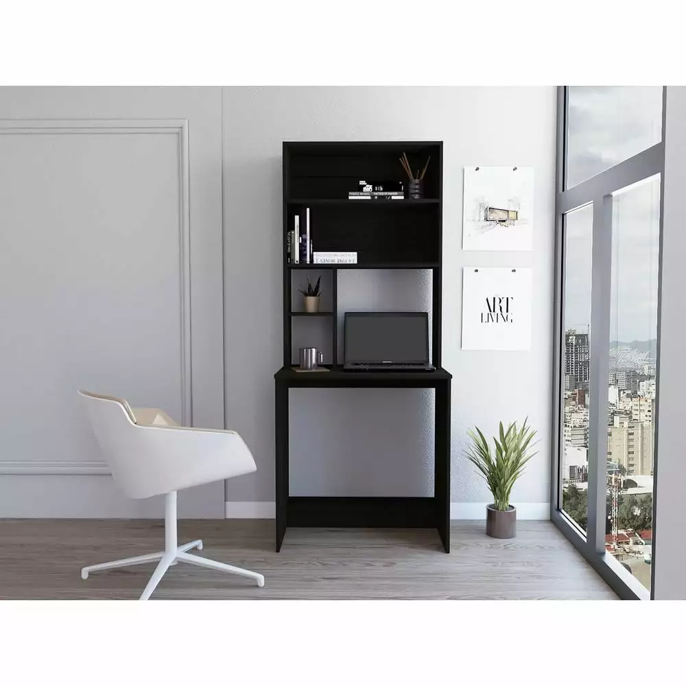 Depot E-Shop Xalo Computer Hutch Desk 5 Open Shelves Black - Office Desk Depot Eshop