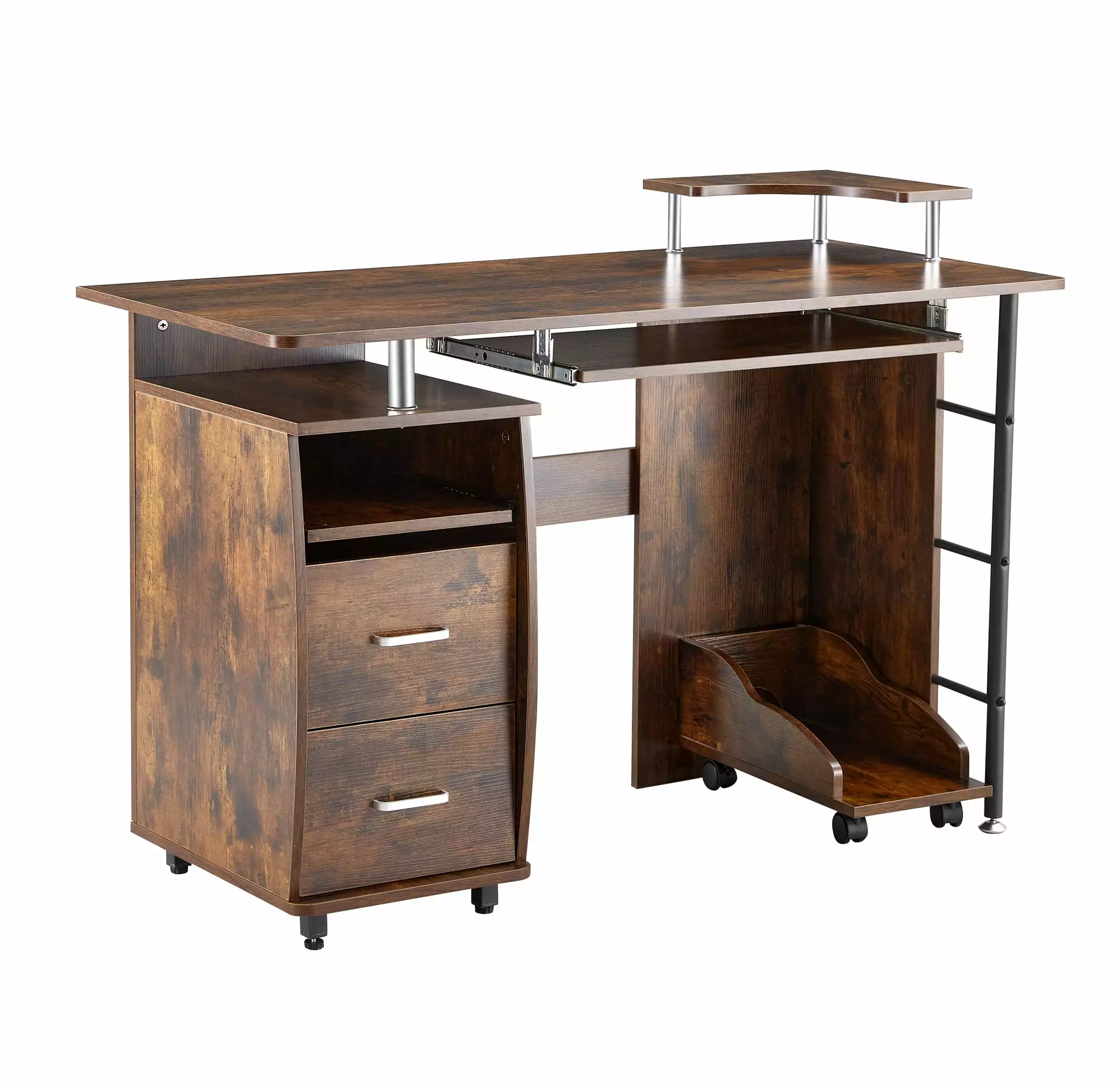 Solid Wood Computer Desk PC Roller, Storage Shelves, and File Cabinet, Two Drawers DLPIN