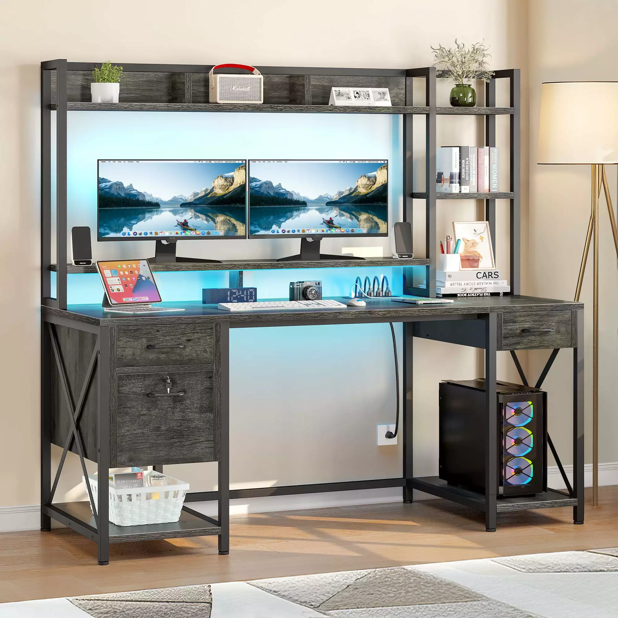 DWVO 59.1 Computer Desk Power Outlets & Hutch Office Desk Storage Shelves & Drawers Lock