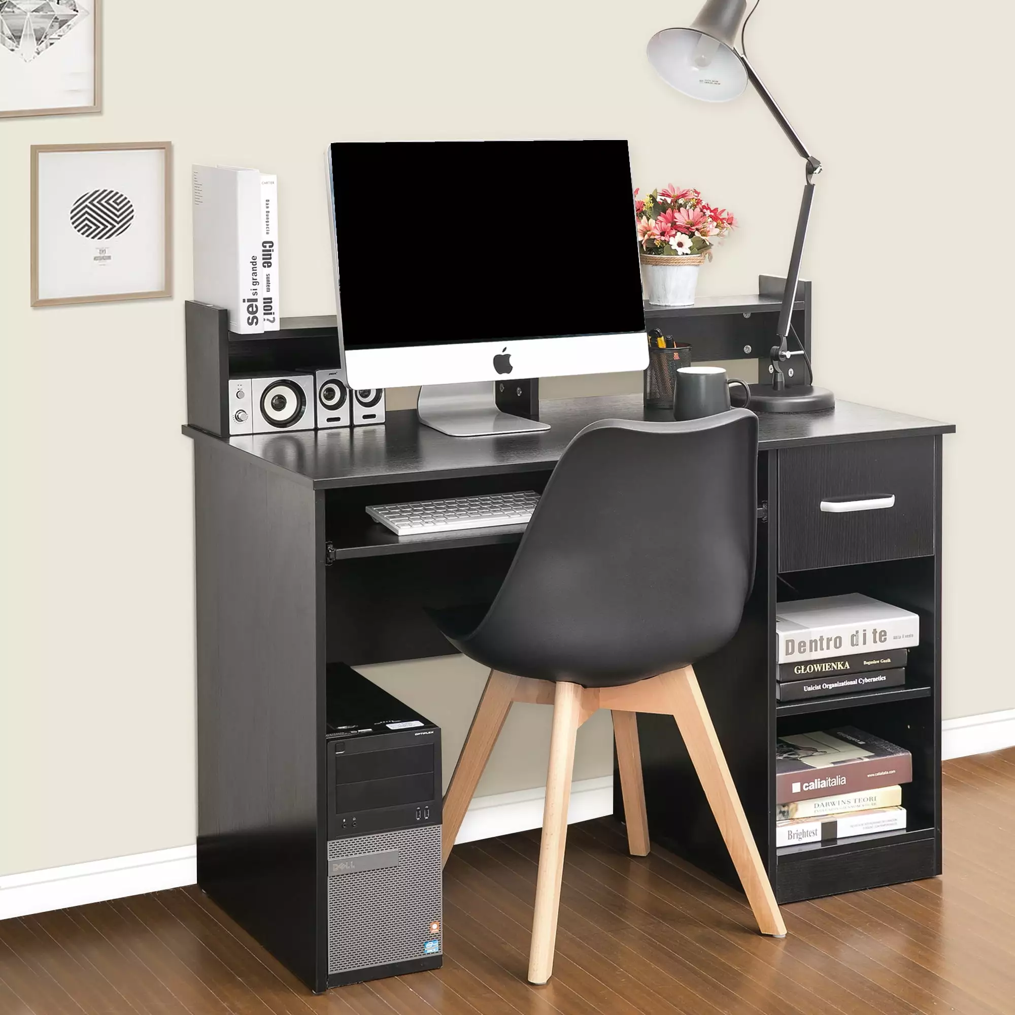 EasingRoom Wood Computer Desk Home Office Laptop Study Table Drawer and Keyboard Black
