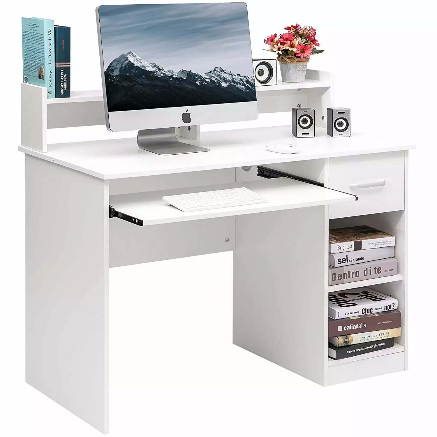 EasingRoom Wood Computer Desk Home Office Laptop Study Table Drawer and Keyboard White