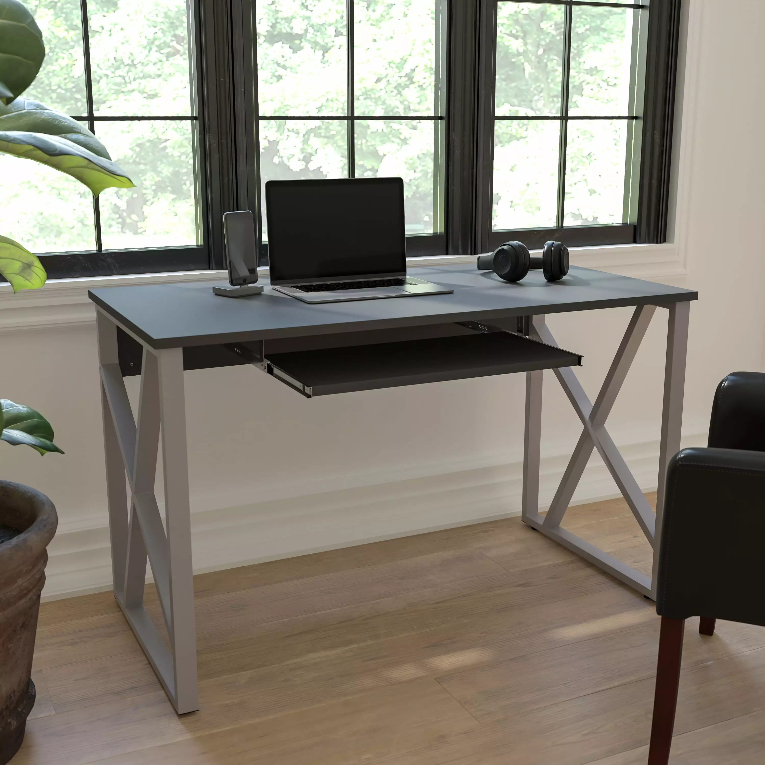 Emma + Oliver Black Pull-Out Keyboard Computer Desk Cross-Brace Frame