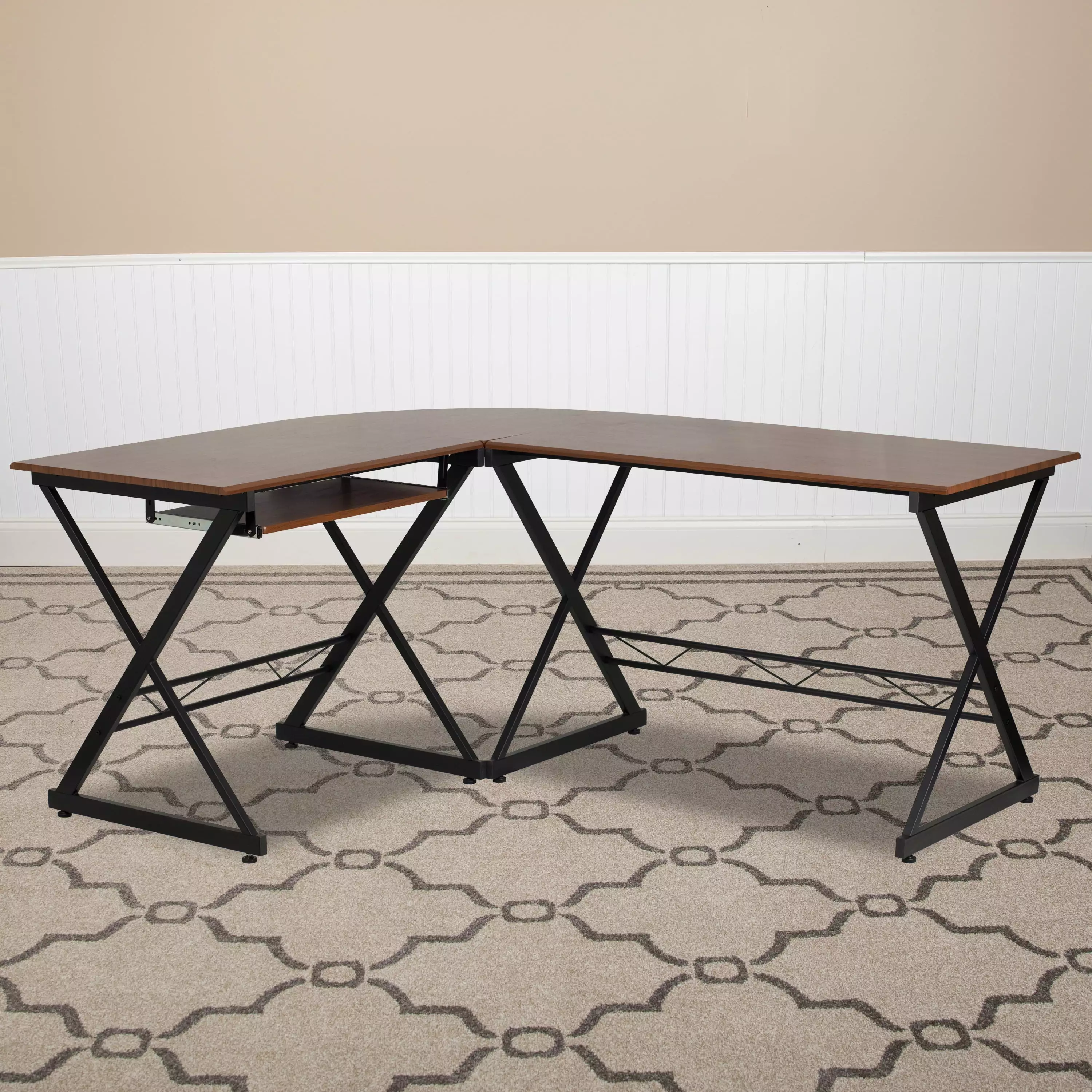 Emma + Oliver Teakwood Laminate L-Shape Computer Desk Keyboard Tray