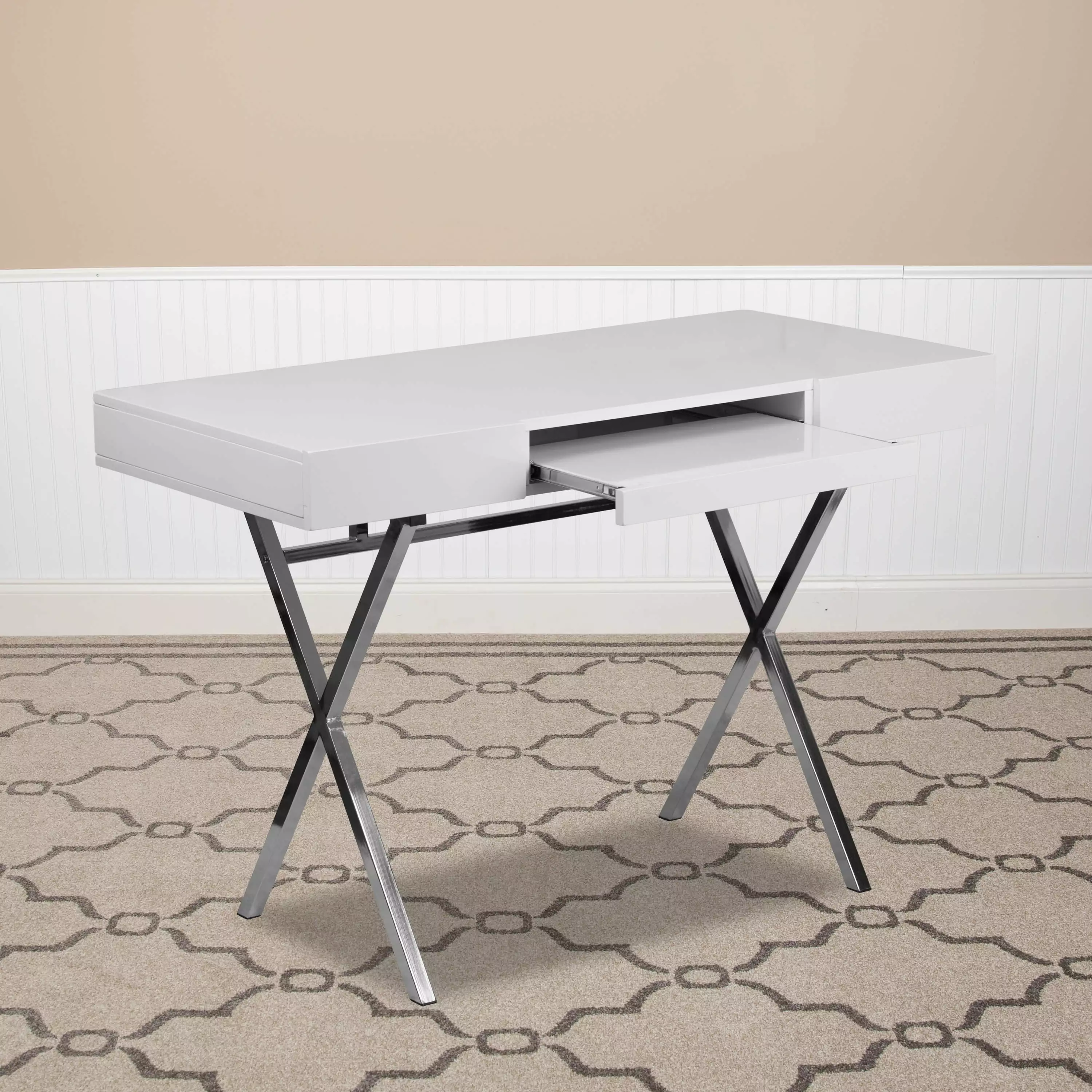 Emma + Oliver White Computer Desk Keyboard Tray and Drawers Modern