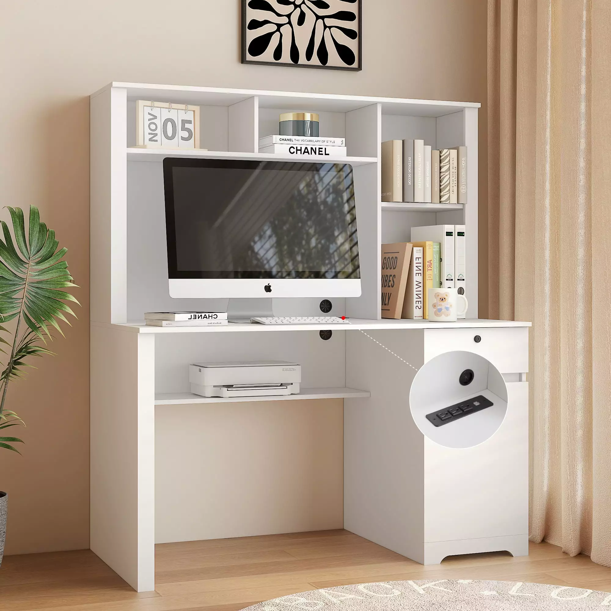 ETEPON Hutch Computer Desk Shelves Drawers 3 AC Outlets 2 USB Ports White