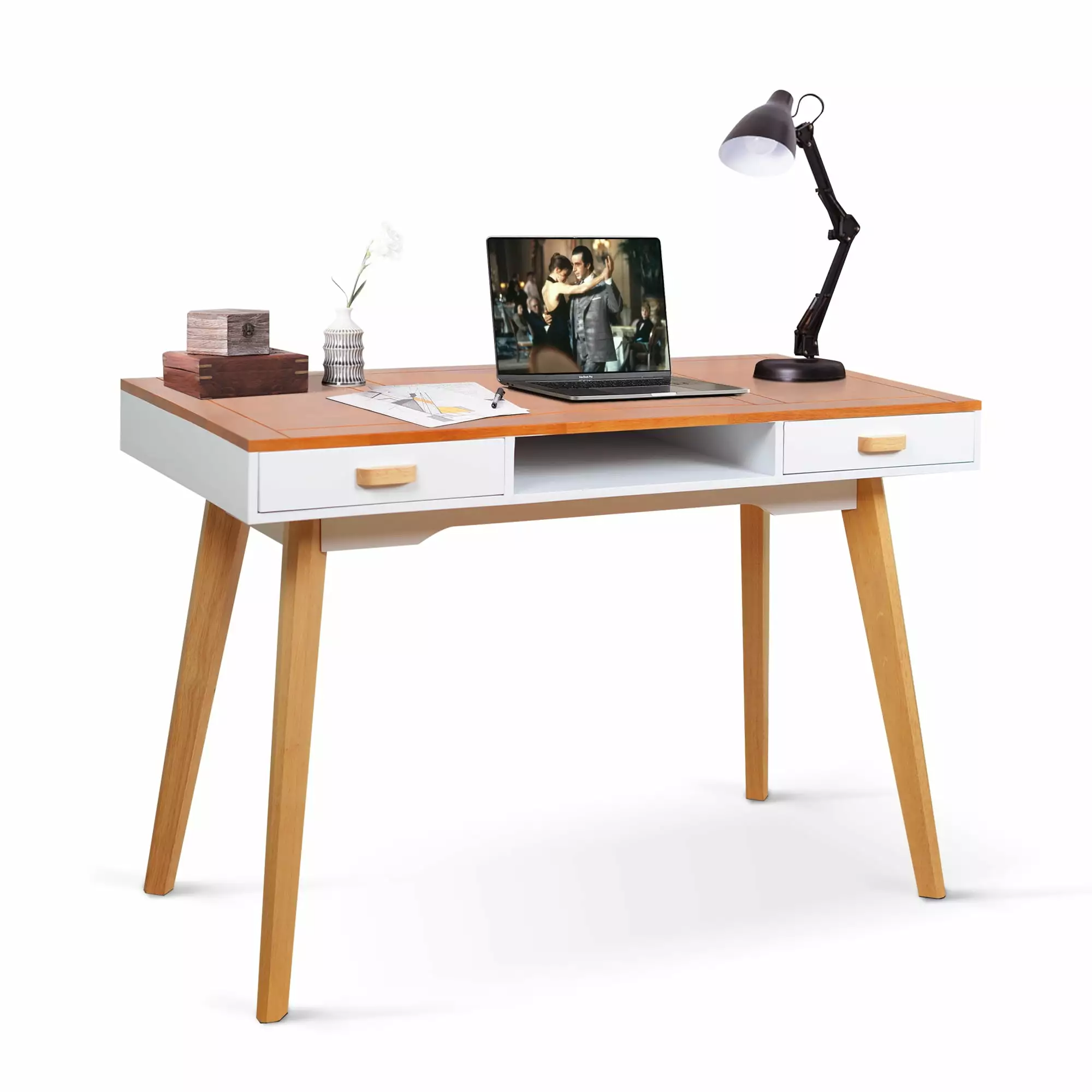 Facilehome Solid Wood Writing Desk 2 Drawers and Storage Cube White
