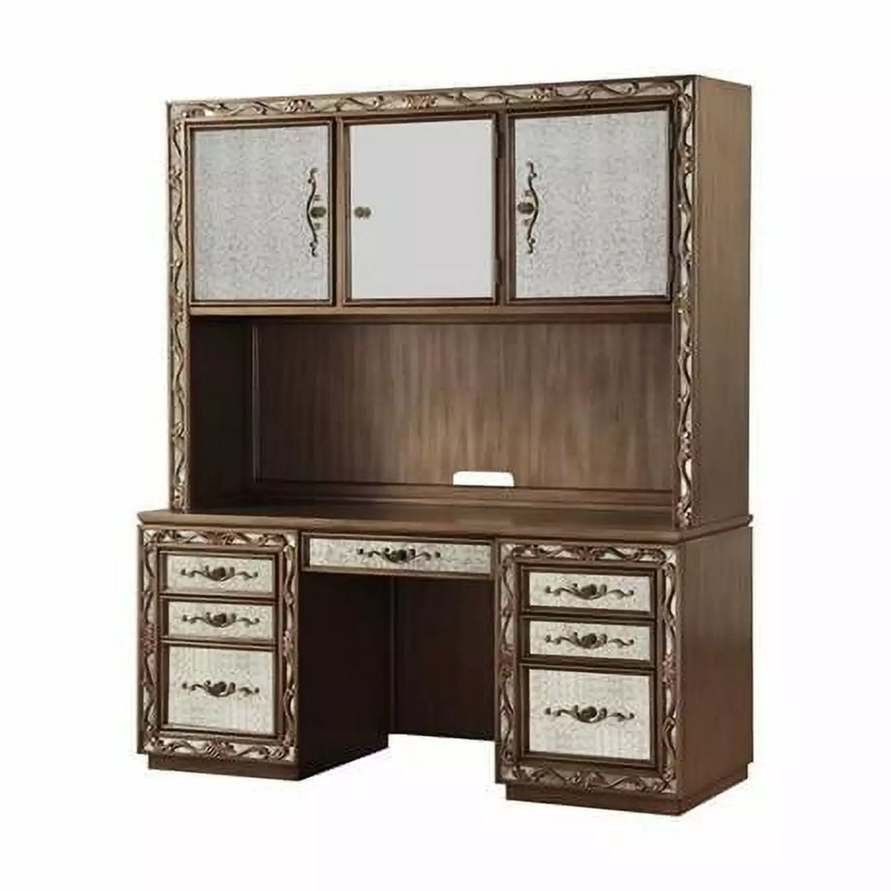 24 x 66 x 78 . Antique Gold Wood Glass Mirror Computer Desk & Hutch Fancy Fixtures