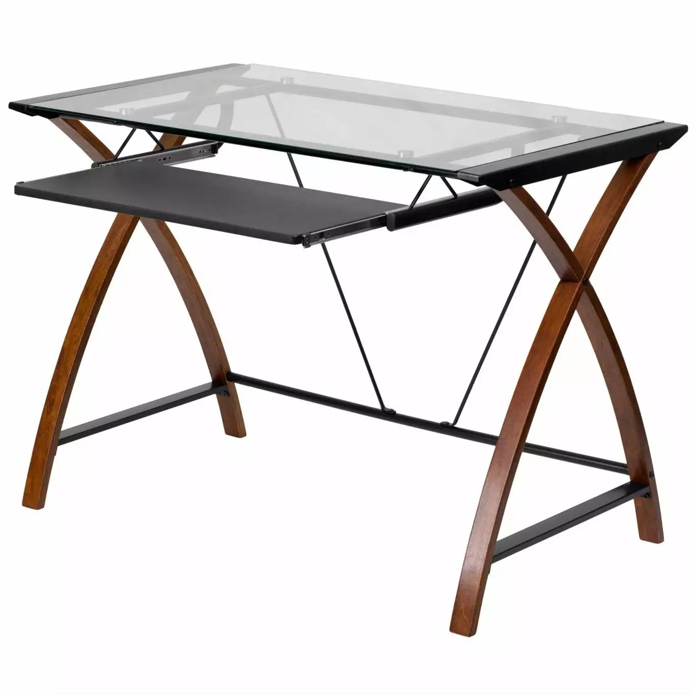 Modern Cherry Finish Glass Top Writing Table Computer Desk Keyboard Tray Fast Furnishing