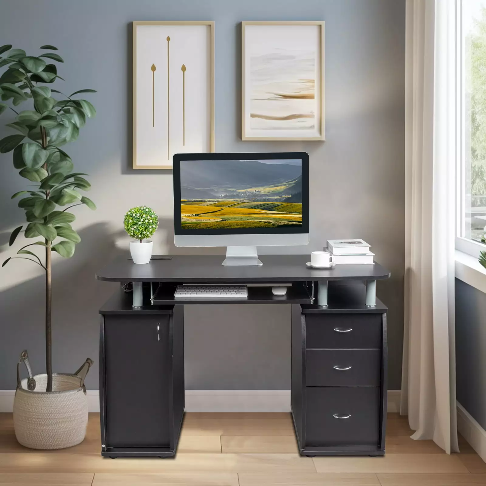 GoDecor 1pc Door 3pcs Drawers Computer Desk Black MDF FCH