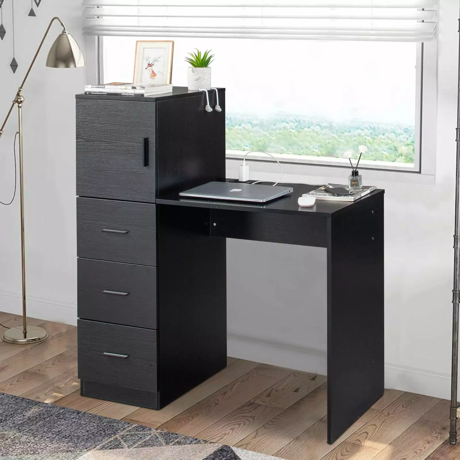 GoDecor Computer Desk 2 Power Outlets and USB, Study Writing Table 5 Drawers, Black Home Office Desk FCH