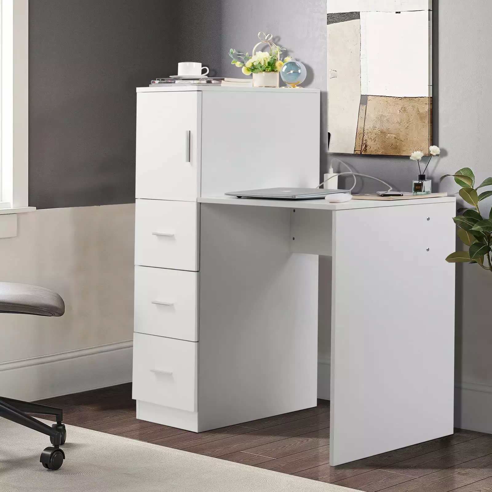 GoDecor Computer Desk 2 Power Outlets USB Study Writing Table 5 Drawers Storage Organization White FCH