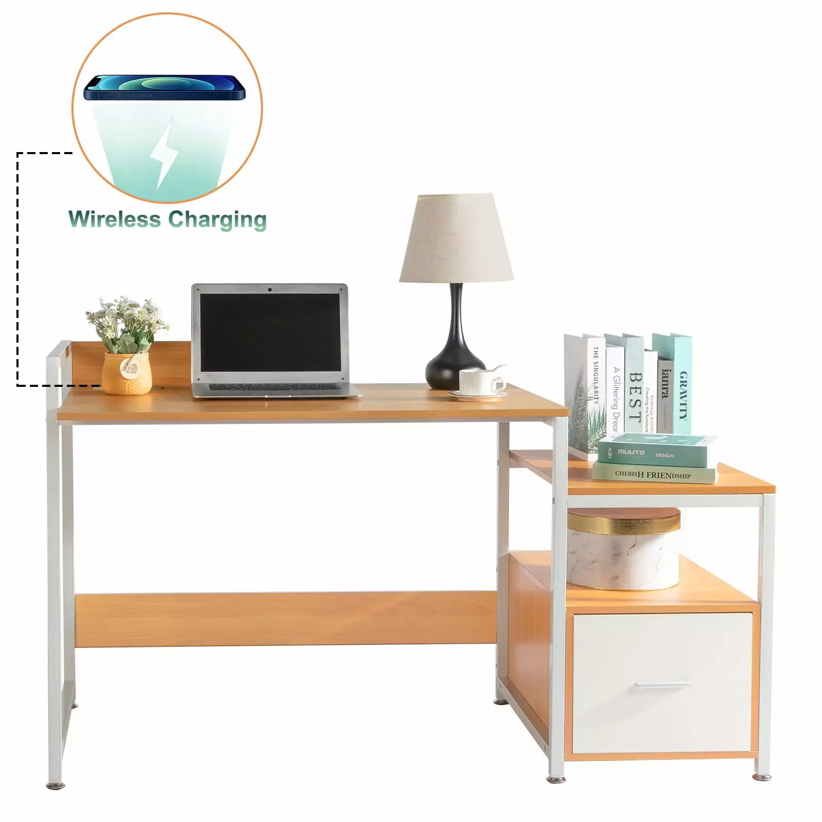 GoDecor Modern Computer Desk USB Charging Port and Storage Shelves Beech FCH