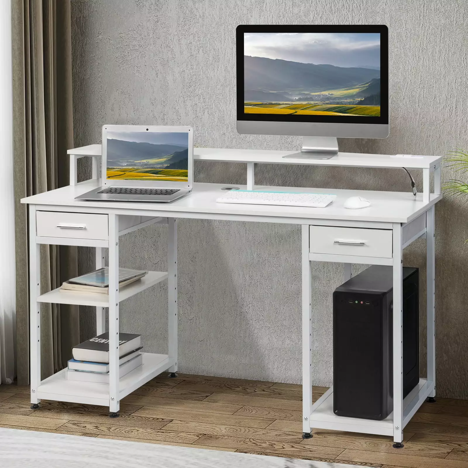 Ktaxon Chipboard Computer Desk 2 Drawers 3 Shelves Power Outlets USB White FCH