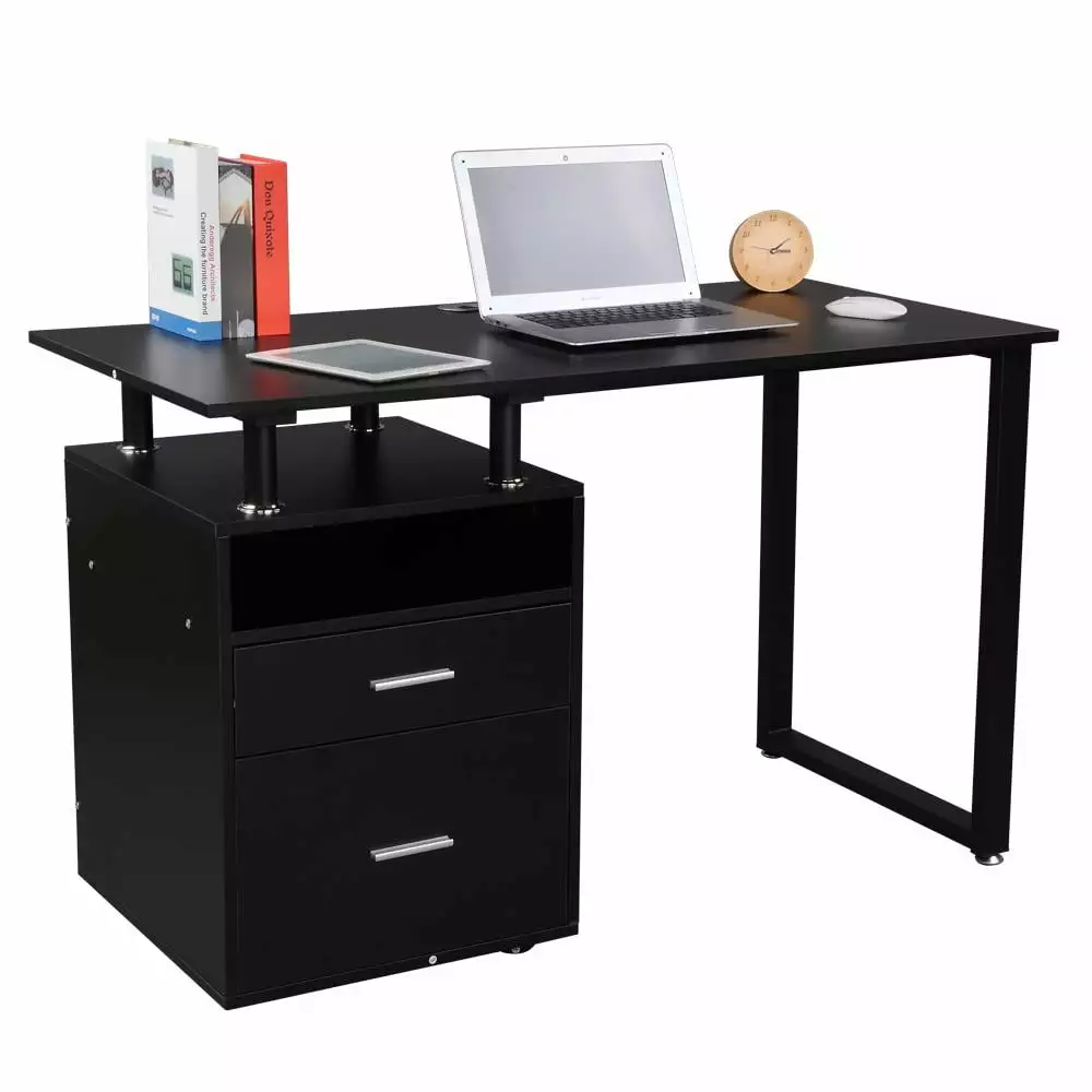 SalonMore Black Computer Writing Desk 2 Drawers, Shelf & Cabinet Home Office Study FCH