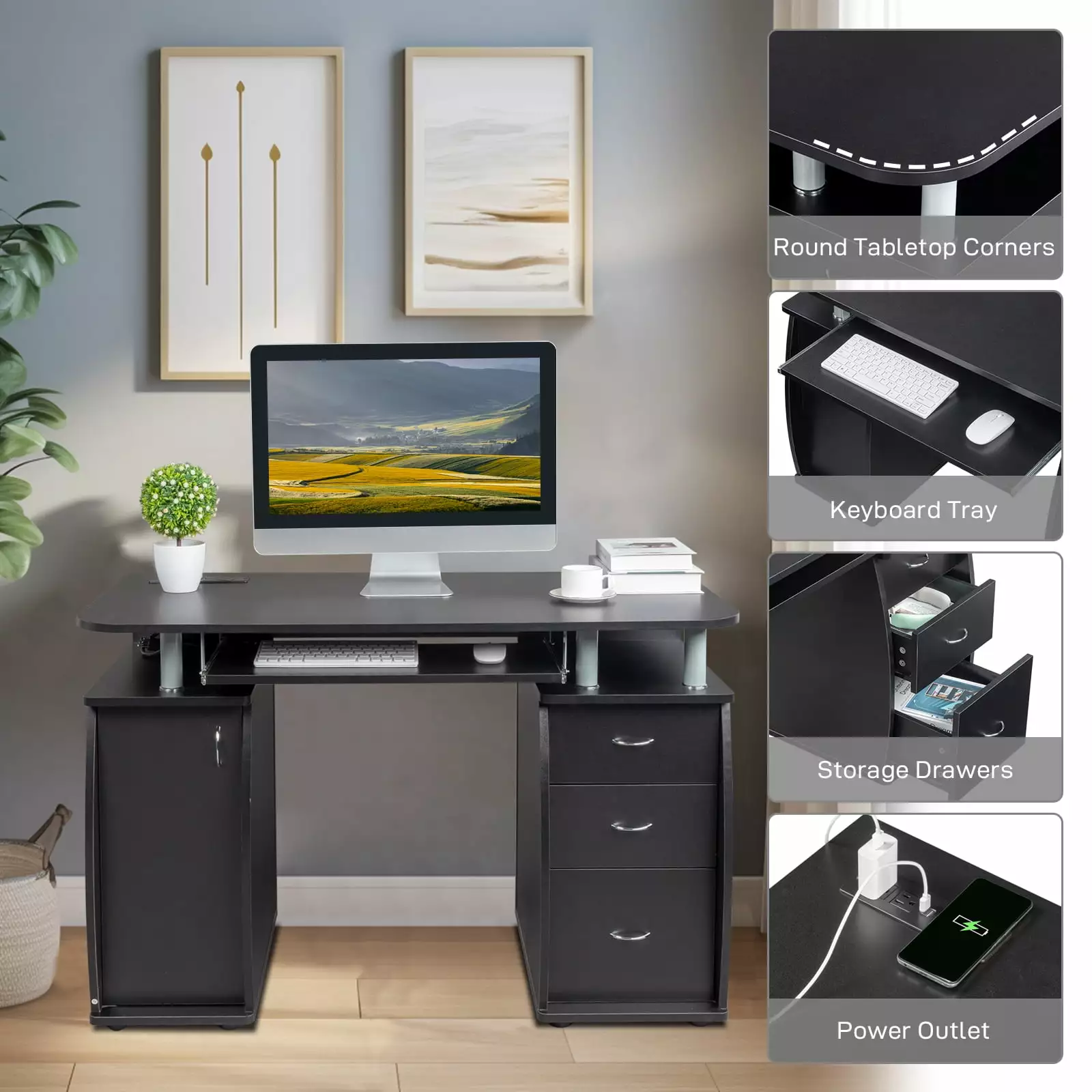 SamyoHome Black Computer Desk Charging Shelf and Storage Shelves Home Office Workstation FCH