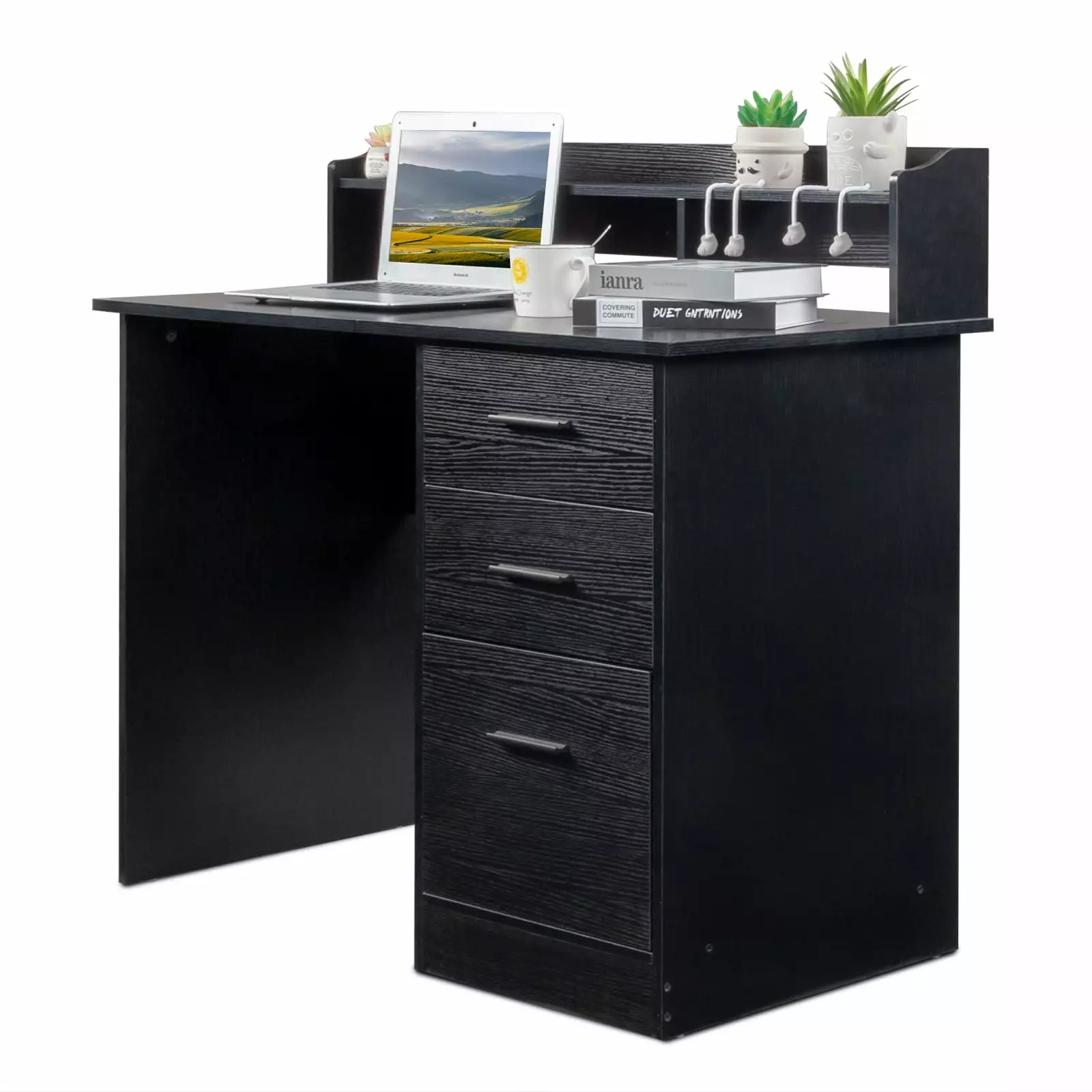 SamyoHome Computer Desk Storage and 3 Drawers - Laptop PC Work Table Black FCH