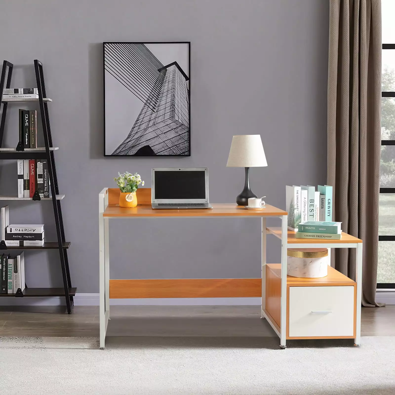 UBesGoo Computer Desk USB Wireless Charging Port & Power Outlet Storage Shelves Home Office Workstation Beech FCH