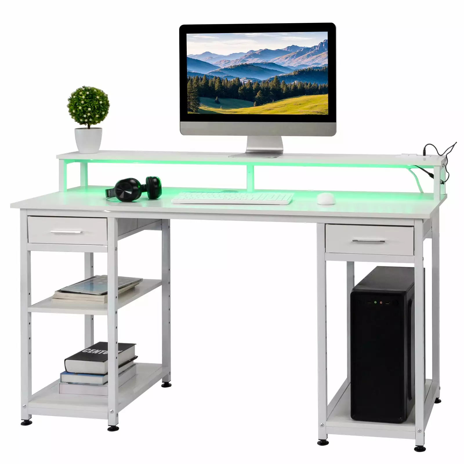 Zimtown Computer Desk 2 Power Outlets USB Adjustable Lighted Study Writing Table Large Desktop 2 Drawers 3 Shelves White FCH
