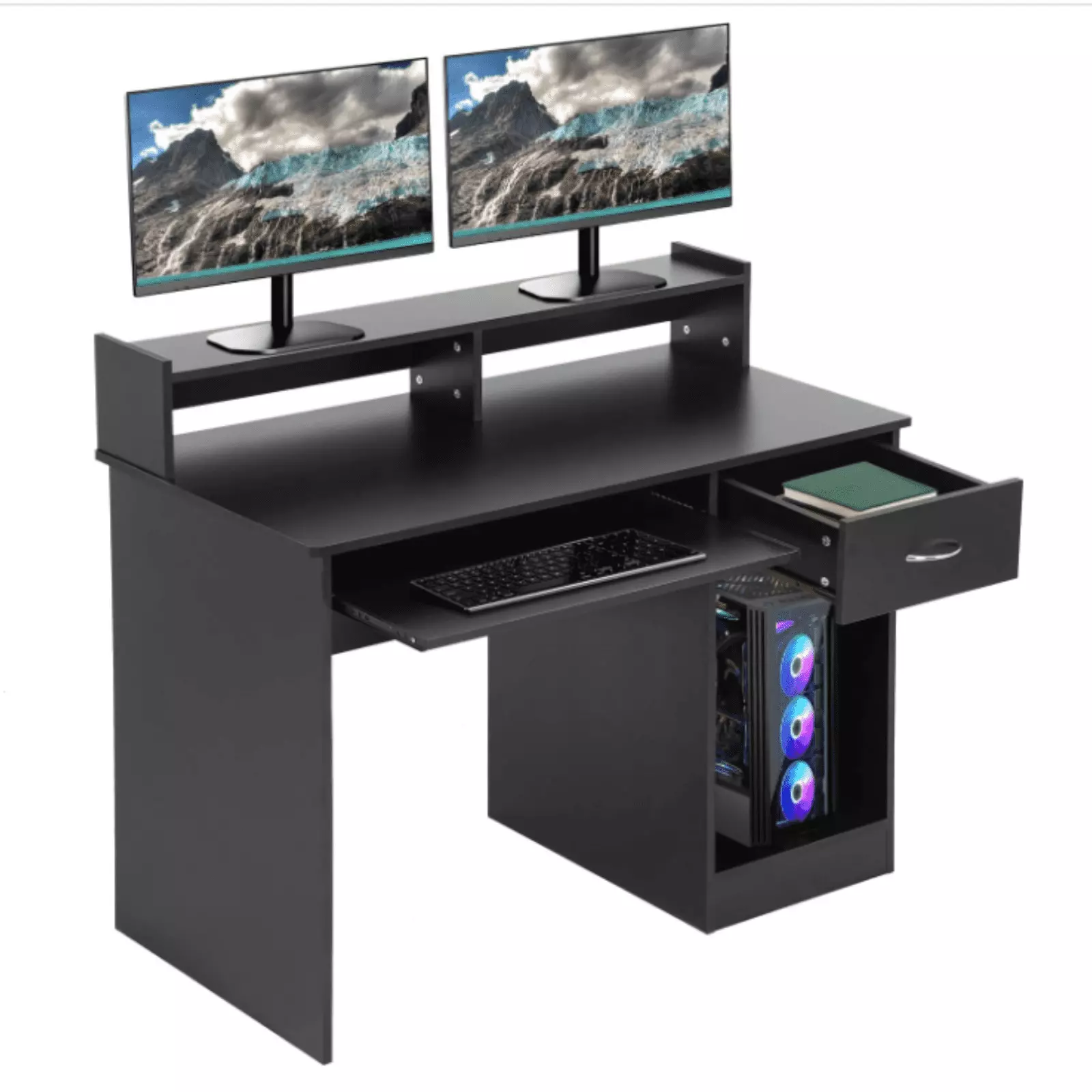 FHWM-C 43-inch Computer Desk Drawers Storage Rack Keyboard Tray Home Office Black Oak