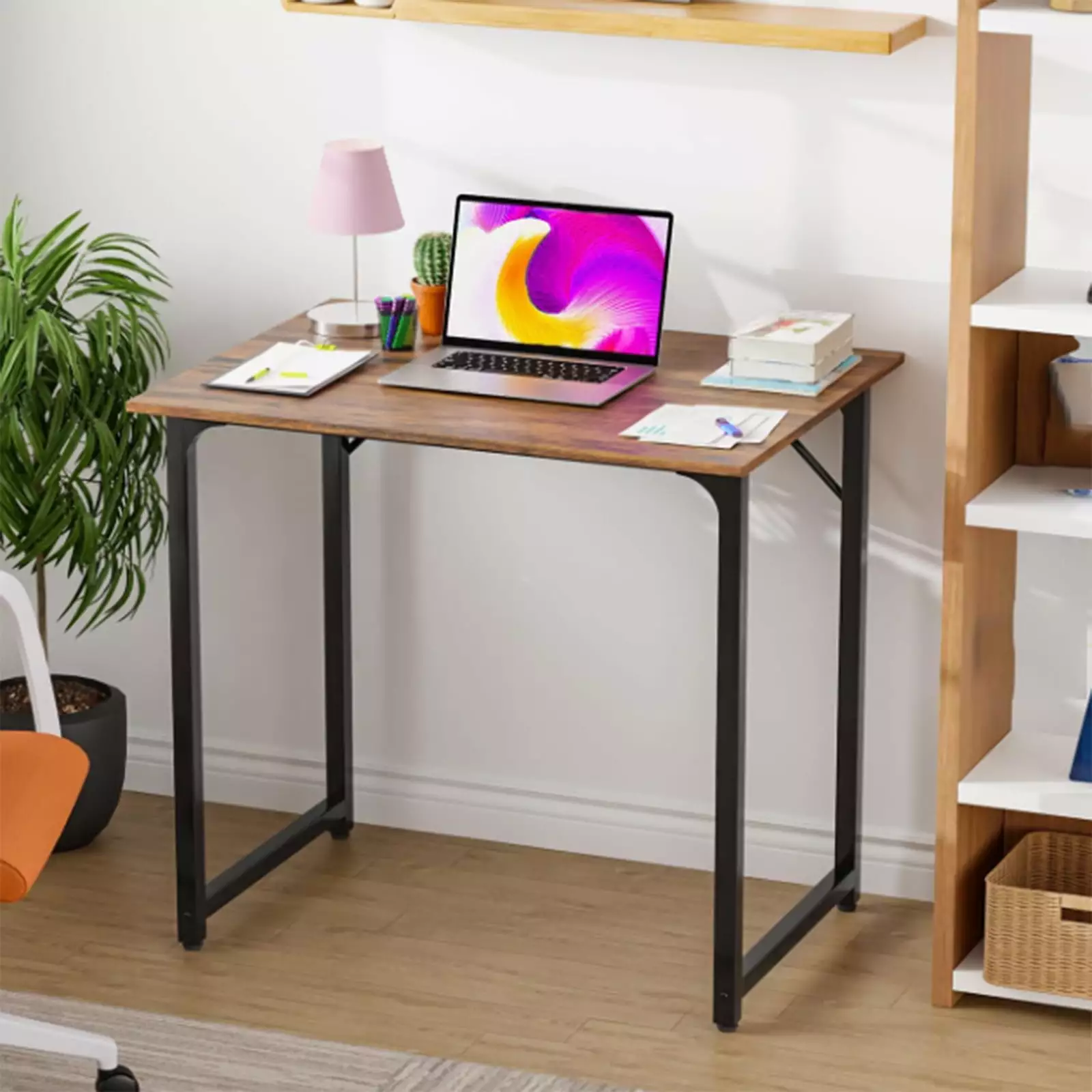 FHWM-C 32 Inch Metal Frame Computer Desk Brown Modern Home Office Desk
