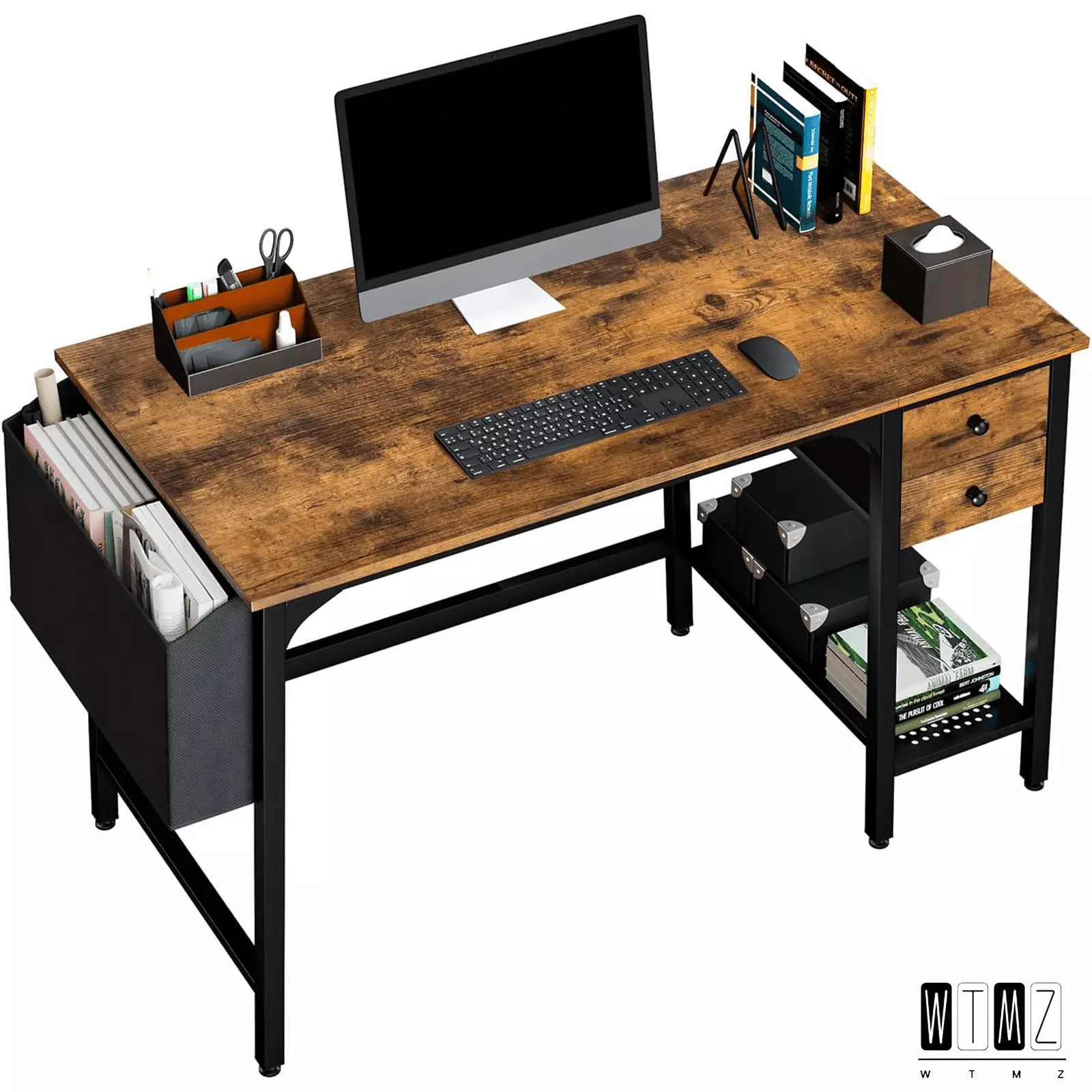 40 Inch Rustic Brown Computer Desk Drawers and Storage Shelf Bedroom and Home Office FHWM-HZH