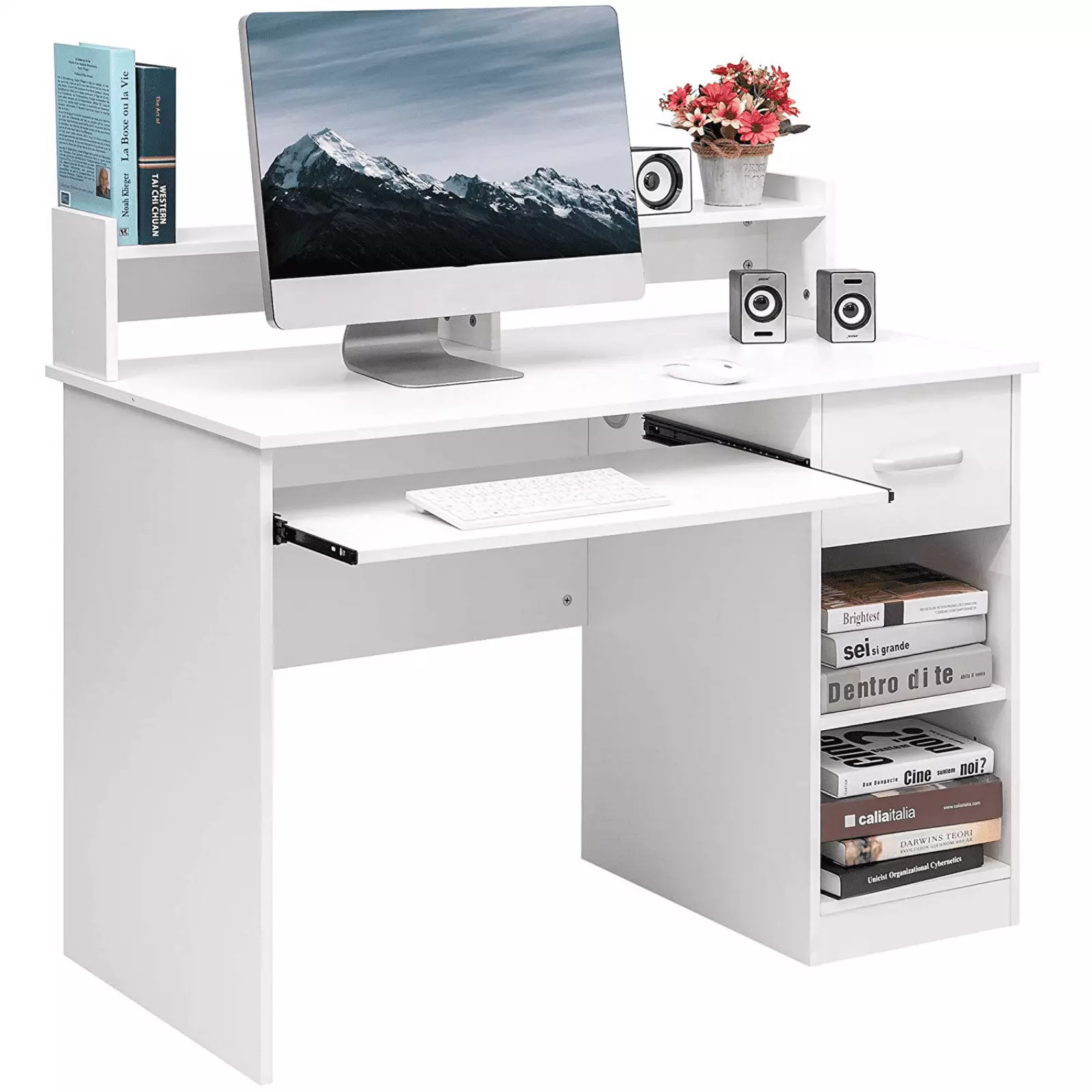 Elegant White Computer Desk Built- Drawer and Keyboard Tray Home Office and Study FHWM2
