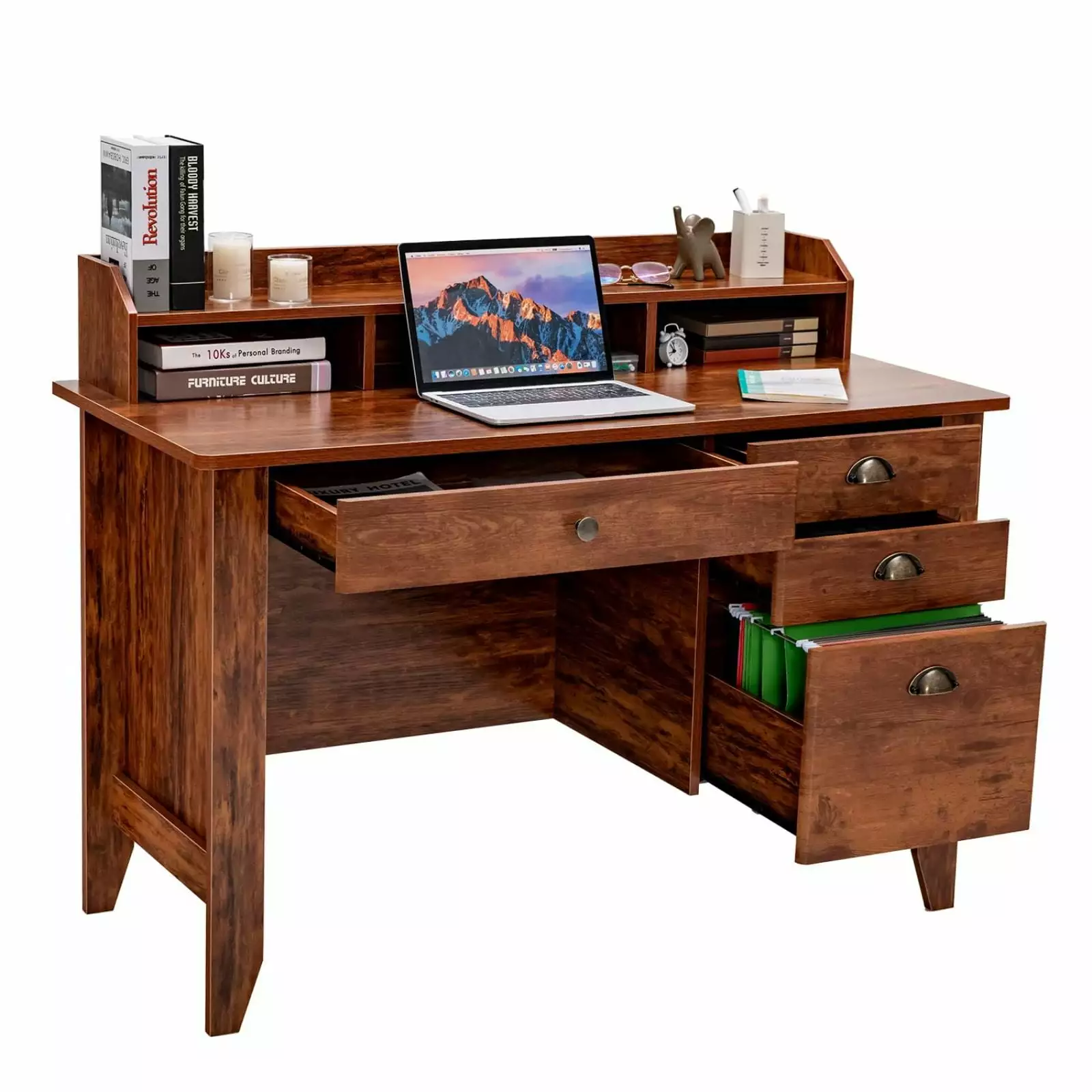 48 Computer Desk 4 Storage Drawers and Hutch Wood Executive Table PC Laptop FHWMCHZ