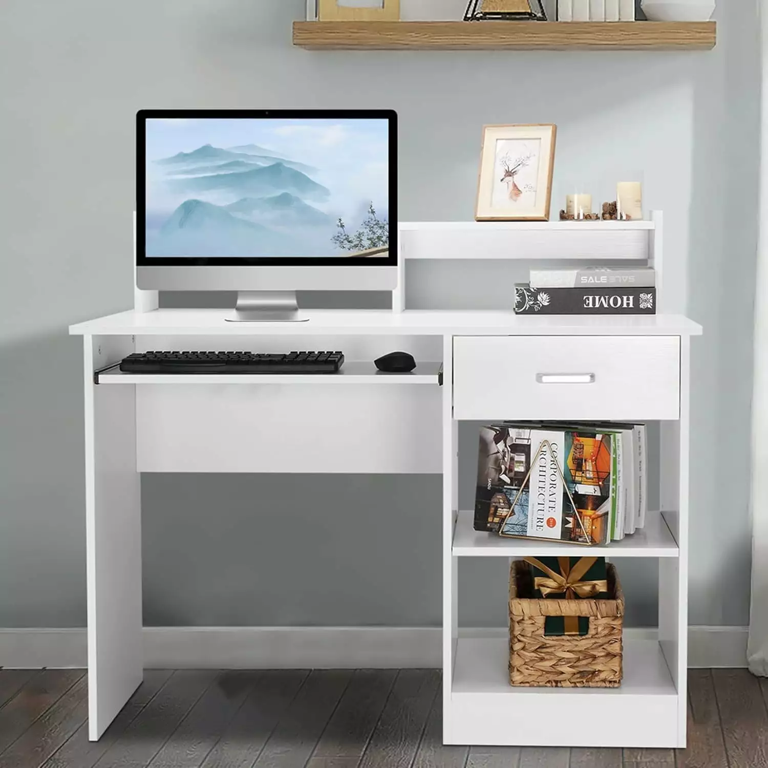 FHWMWHC Computer Desk Wooden Home Office Workstation Drawer Keyboard Tray White