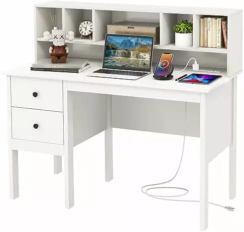 FJU White Desk Drawers and Hutch Modern Home Office Desk Charging Station