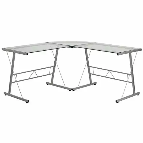 Glass L-Shape Computer Desk Silver Frame Finish - Modern Home Office Desk Flash Furniture