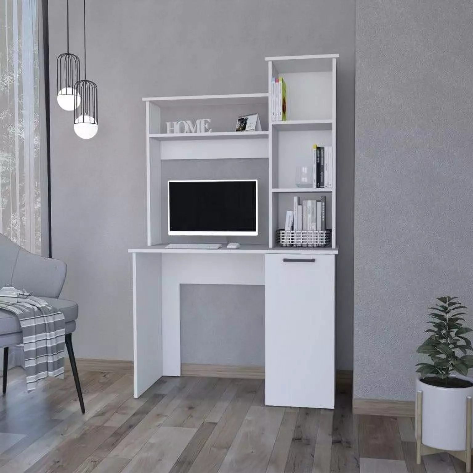 FM Furniture Rumford Computer Desk Three Shelves White Engineered Wood Office Desk